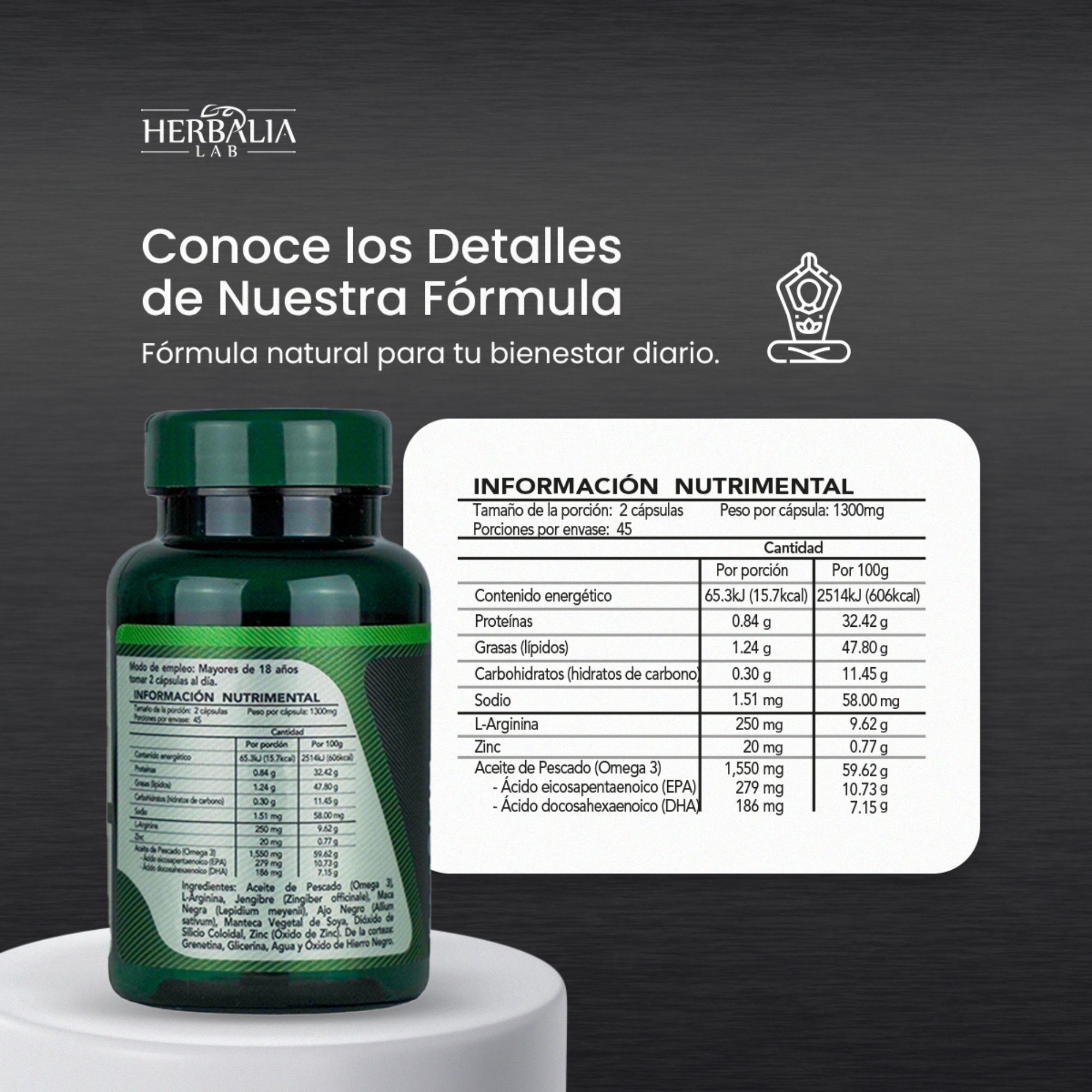 Herbalia Lab, Maca Negra Energizante con L-Arginina, Jengibre, Zinc, Ajo Negro y Omega 3, 90 Cápsulas.