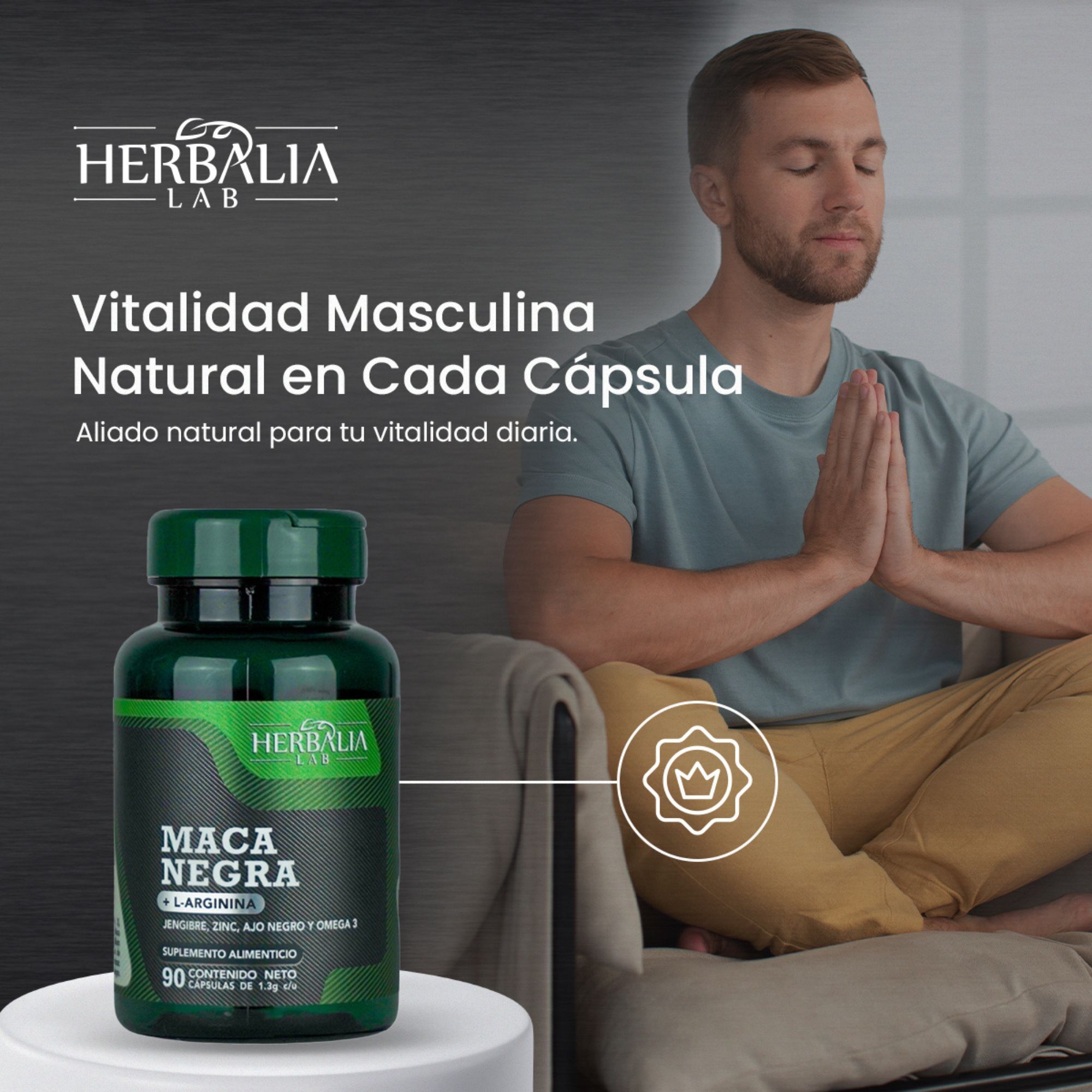 Herbalia Lab, Maca Negra Energizante con L-Arginina, Jengibre, Zinc, Ajo Negro y Omega 3, 90 Cápsulas