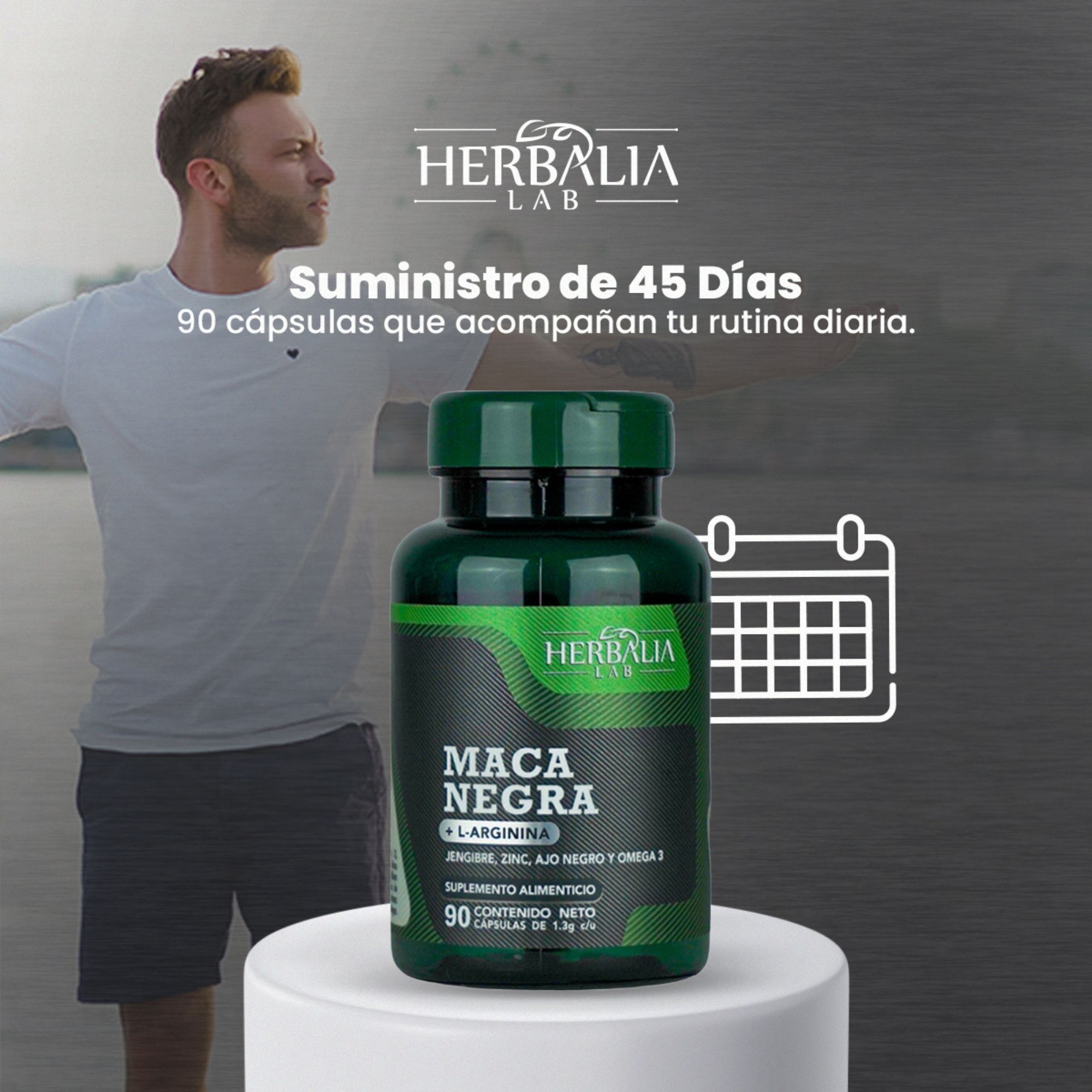 Herbalia Lab, Maca Negra Energizante con L-Arginina, Jengibre, Zinc, Ajo Negro y Omega 3, 90 Cápsulas