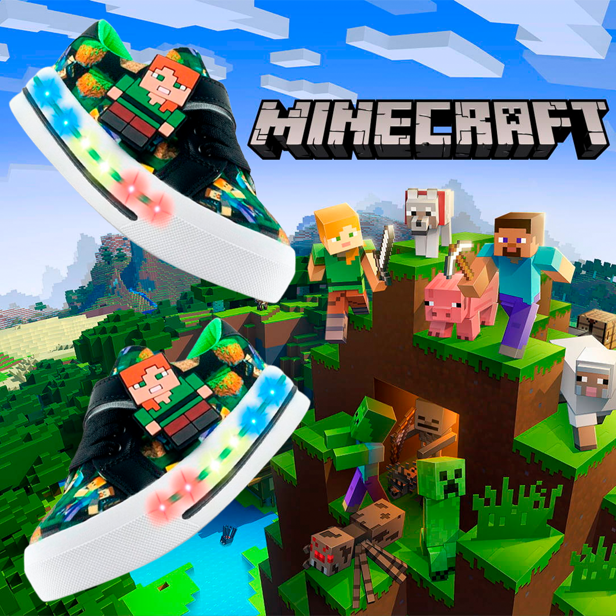 Tenis Niño Minecraft Videojuego Luces Leds Cómodos 1026-VNM