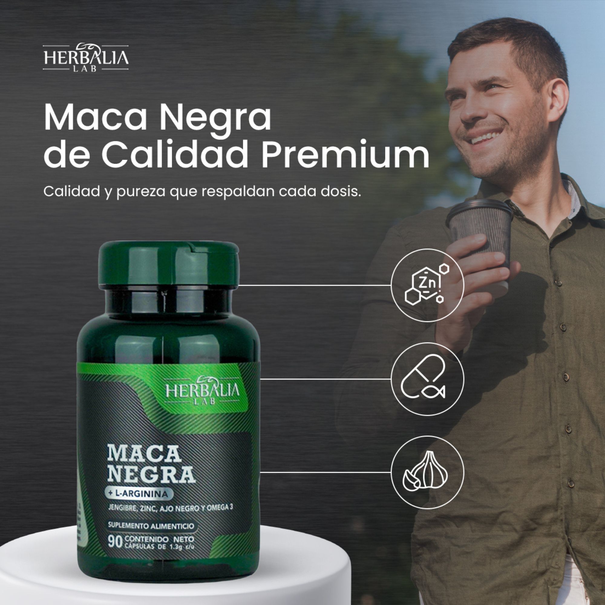 Herbalia Lab, Maca Negra Energizante con L-Arginina, Jengibre, Zinc, Ajo Negro y Omega 3, 90 Cápsulas