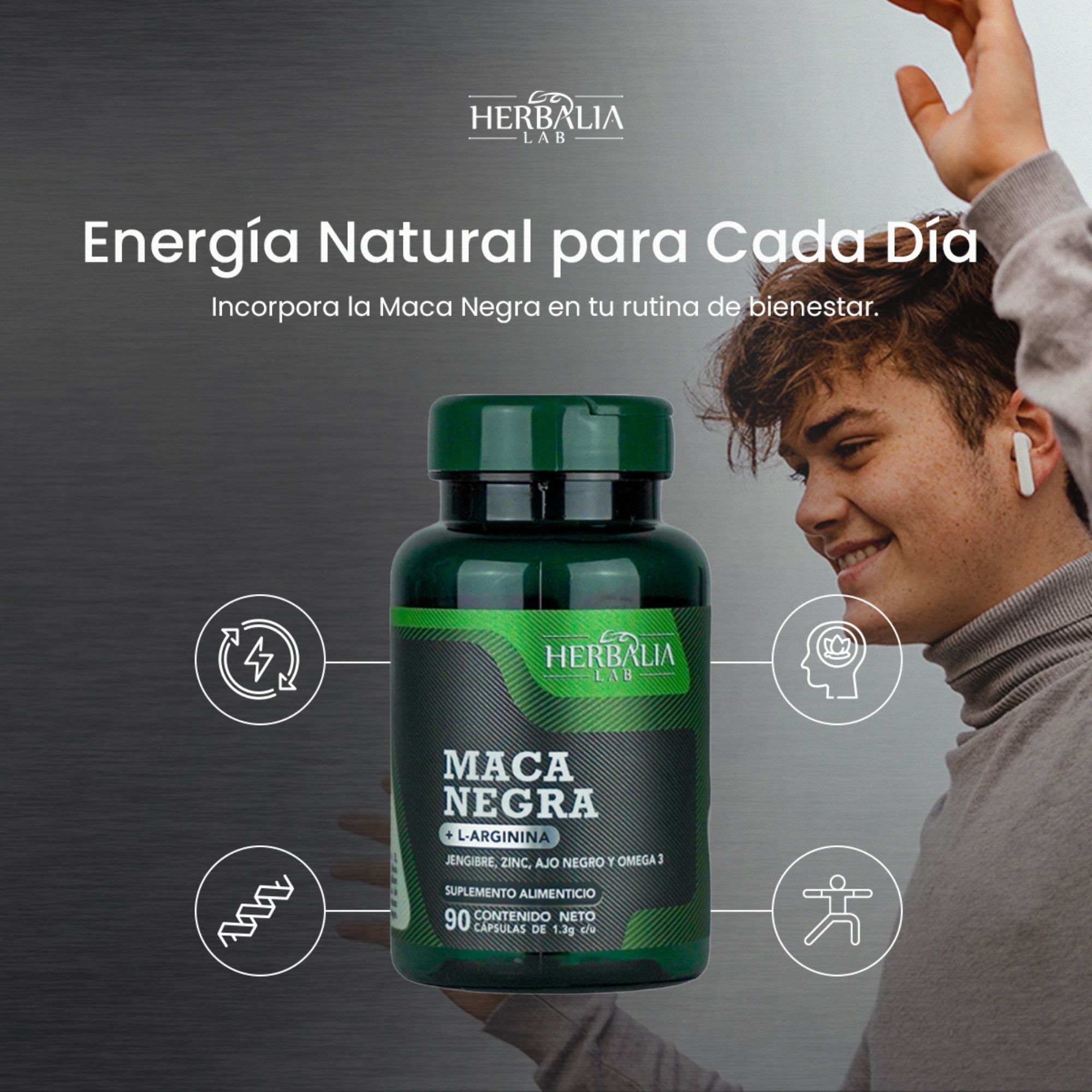 Herbalia Lab, Maca Negra Energizante con L-Arginina, Jengibre, Zinc, Ajo Negro y Omega 3, 90 Cápsulas