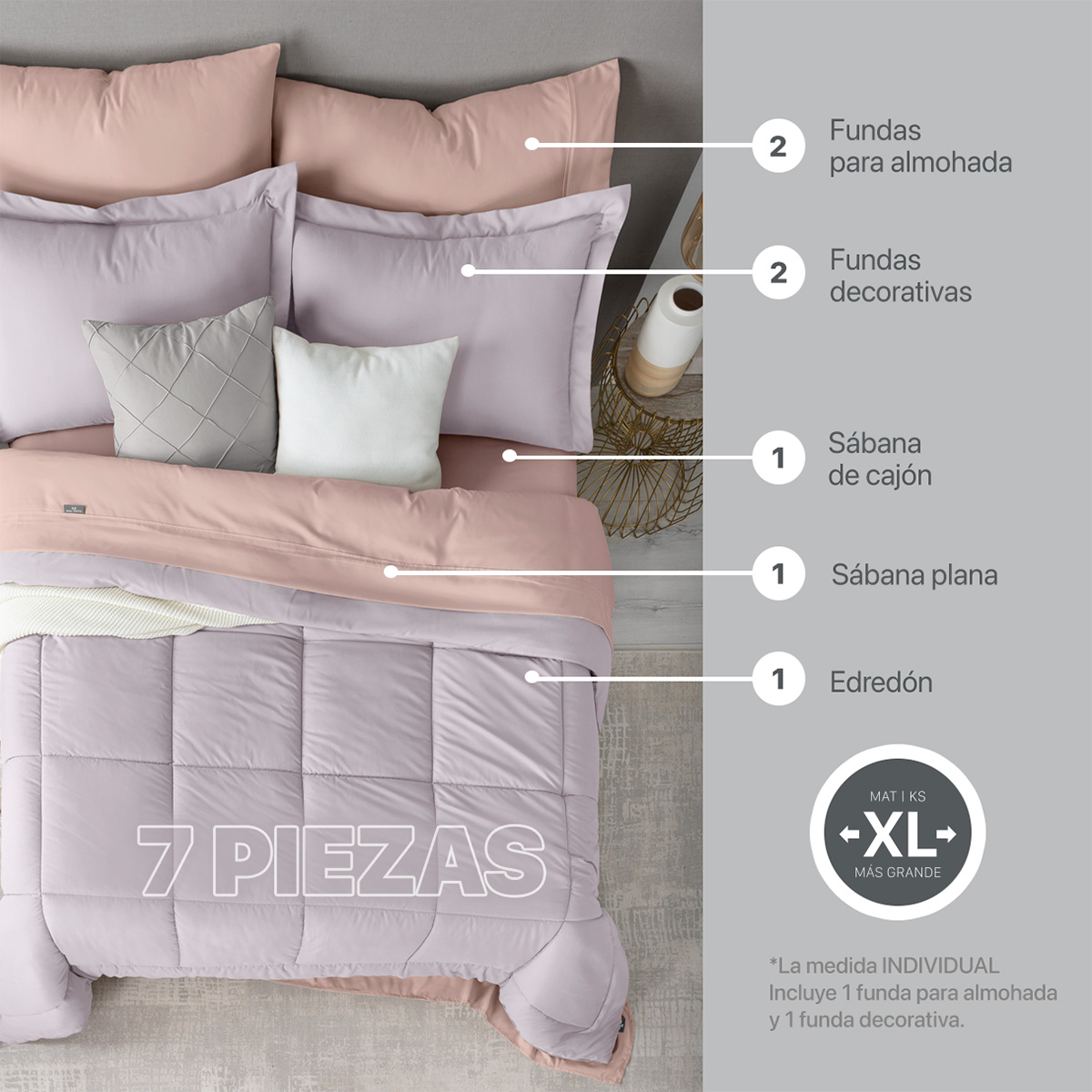 Set Edredón Matrimonial con Fundas y Sábanas 7 Pzas Lavanda / Palo de Rosa Real Textil.