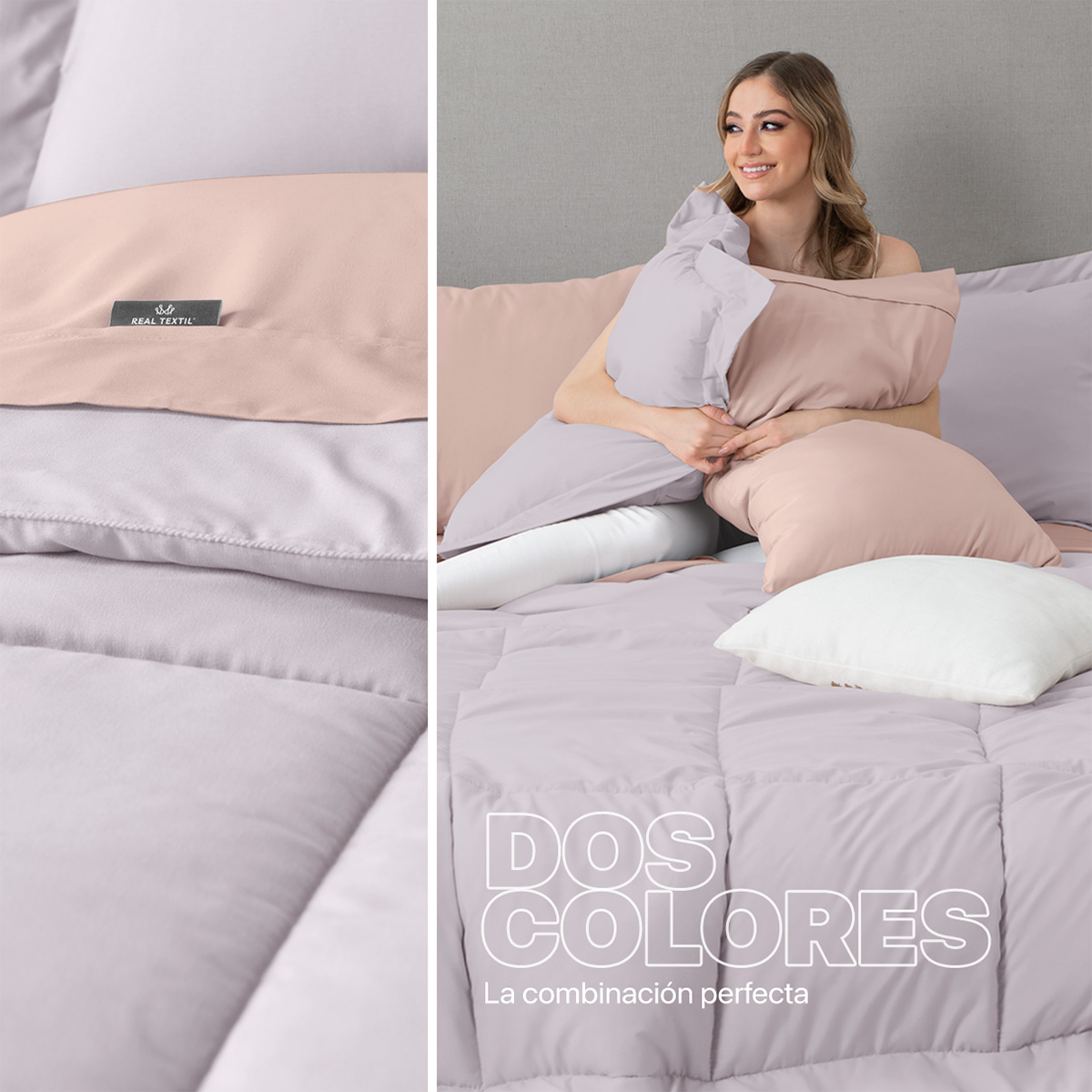 Set Edredón Matrimonial con Fundas y Sábanas 7 Pzas Lavanda / Palo de Rosa Real Textil.