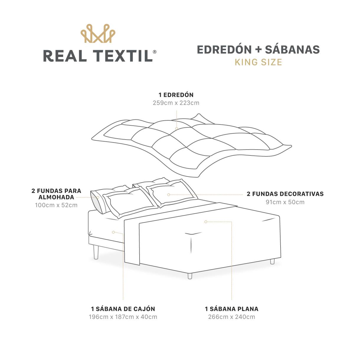 Set Edredón King Size con Fundas y Sábanas 7 Pzas Grafito / Café Claro Real Textil.