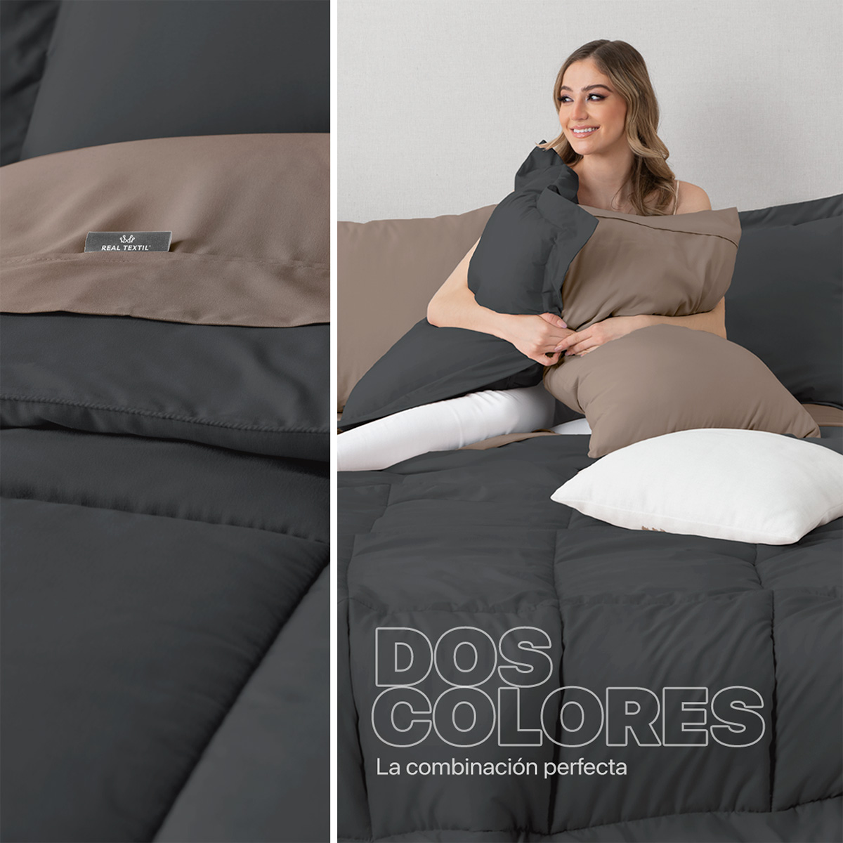 Set Edredón King Size con Fundas y Sábanas 7 Pzas Grafito / Café Claro Real Textil.
