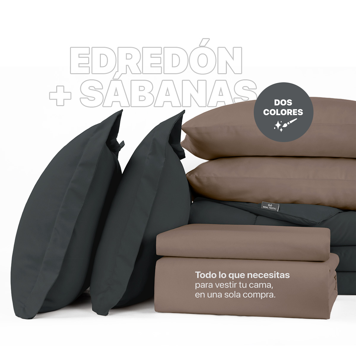 Set Edredón King Size con Fundas y Sábanas 7 Pzas Grafito / Café Claro Real Textil.
