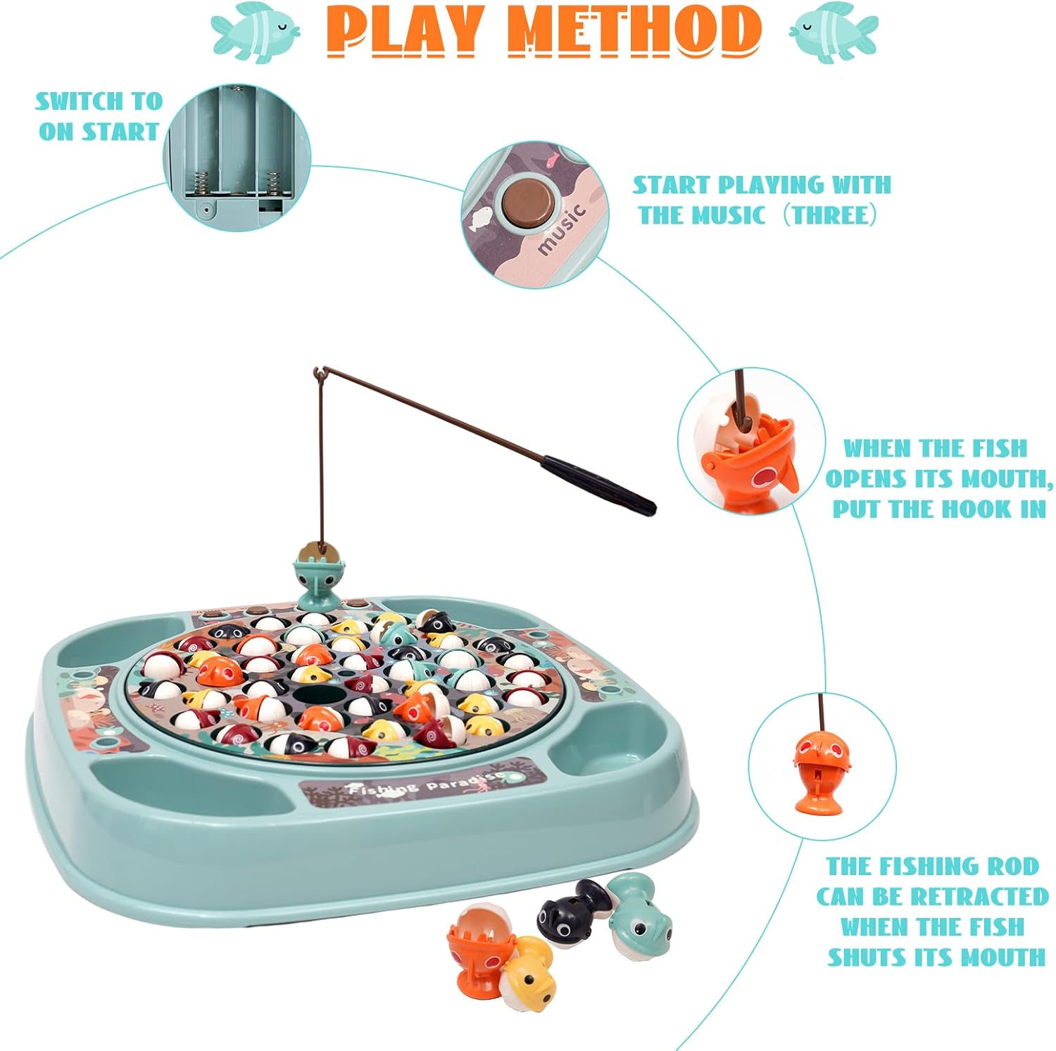 Juego de pesca para niños, juguete de pesca con música y 45 peces