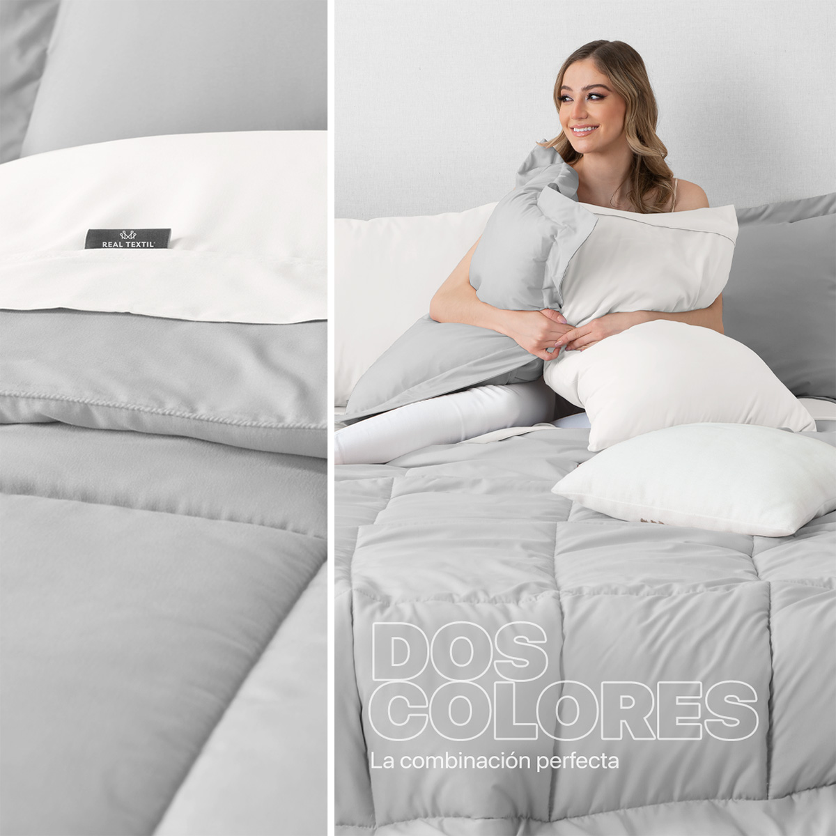 Set Edredón Individual con Fundas y Sábanas 5 Pzas Gris / Blanco Real Textil.
