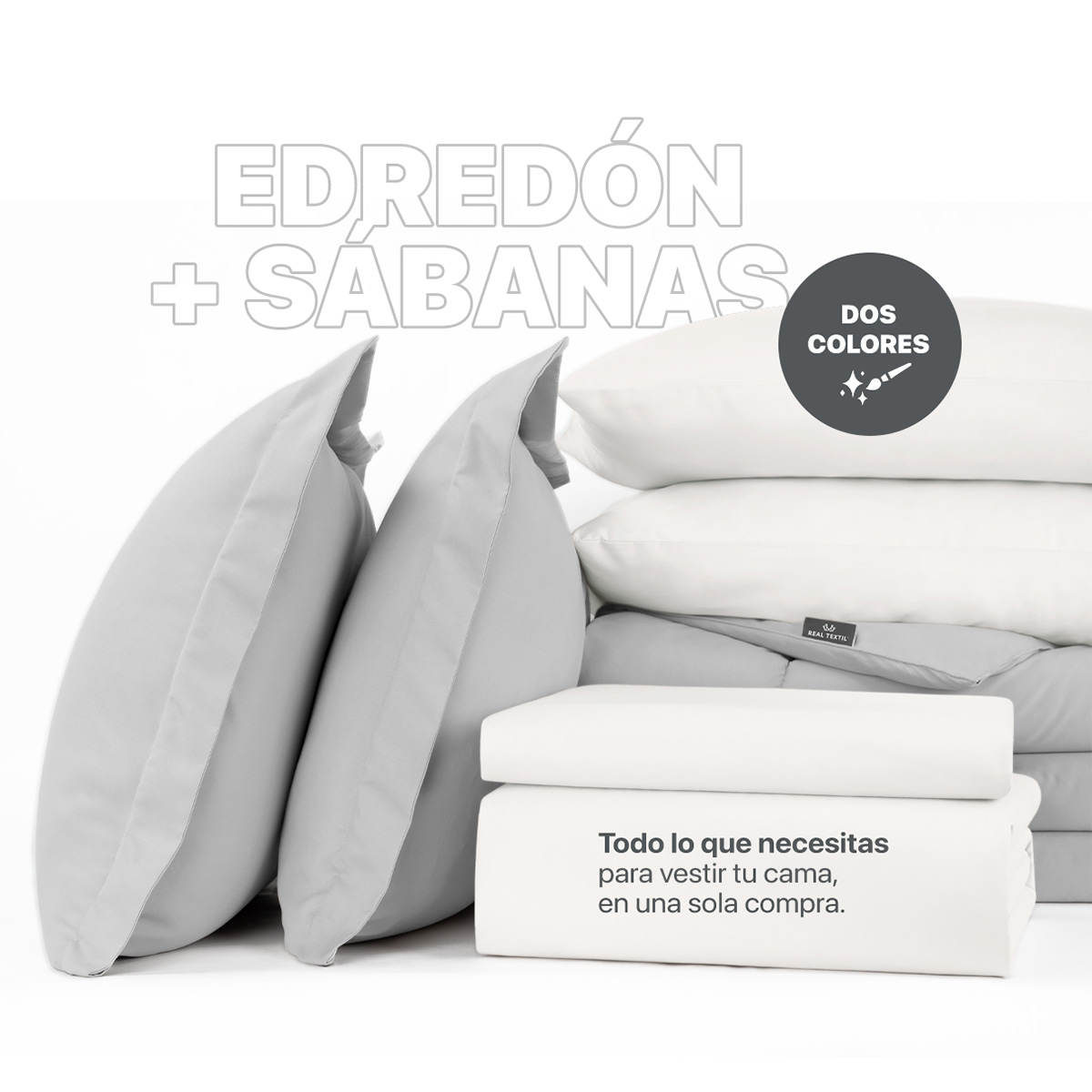 Set Edredón Individual con Fundas y Sábanas 5 Pzas Gris / Blanco Real Textil.