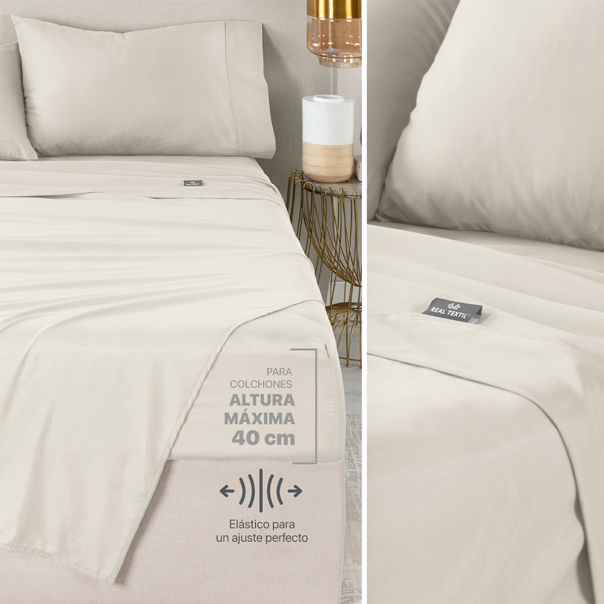 Set Edredón Matrimonial Xl con Fundas y Sábanas 7 Pzas Khaki / Beige Real Textil.
