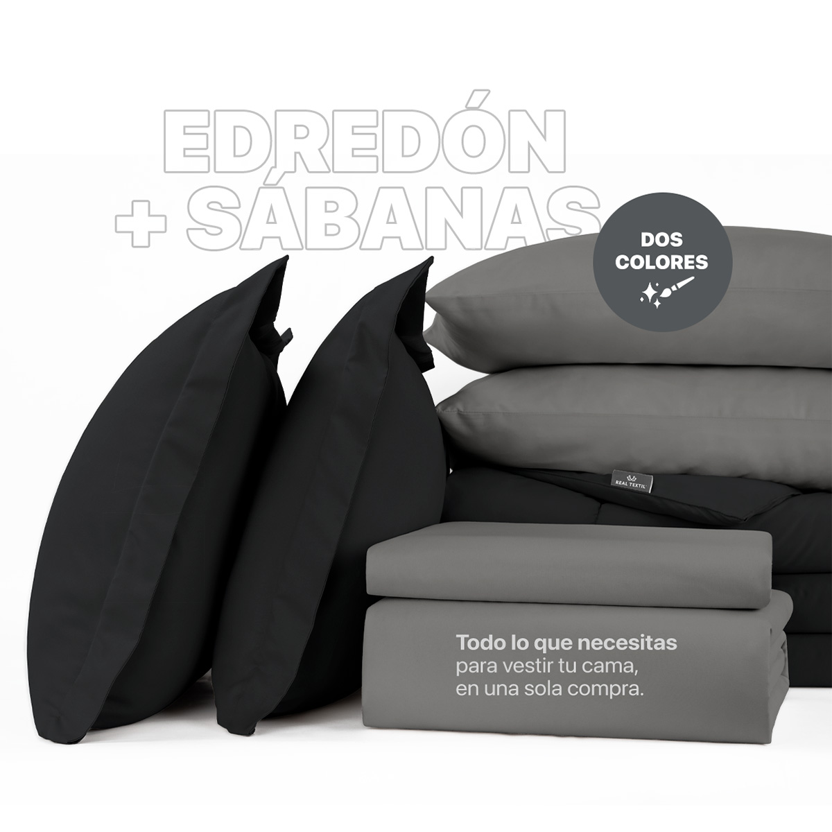 Set Edredón King Size Xl con Fundas y Sábanas 7 Pzas Negro / Gris Real Textil.
