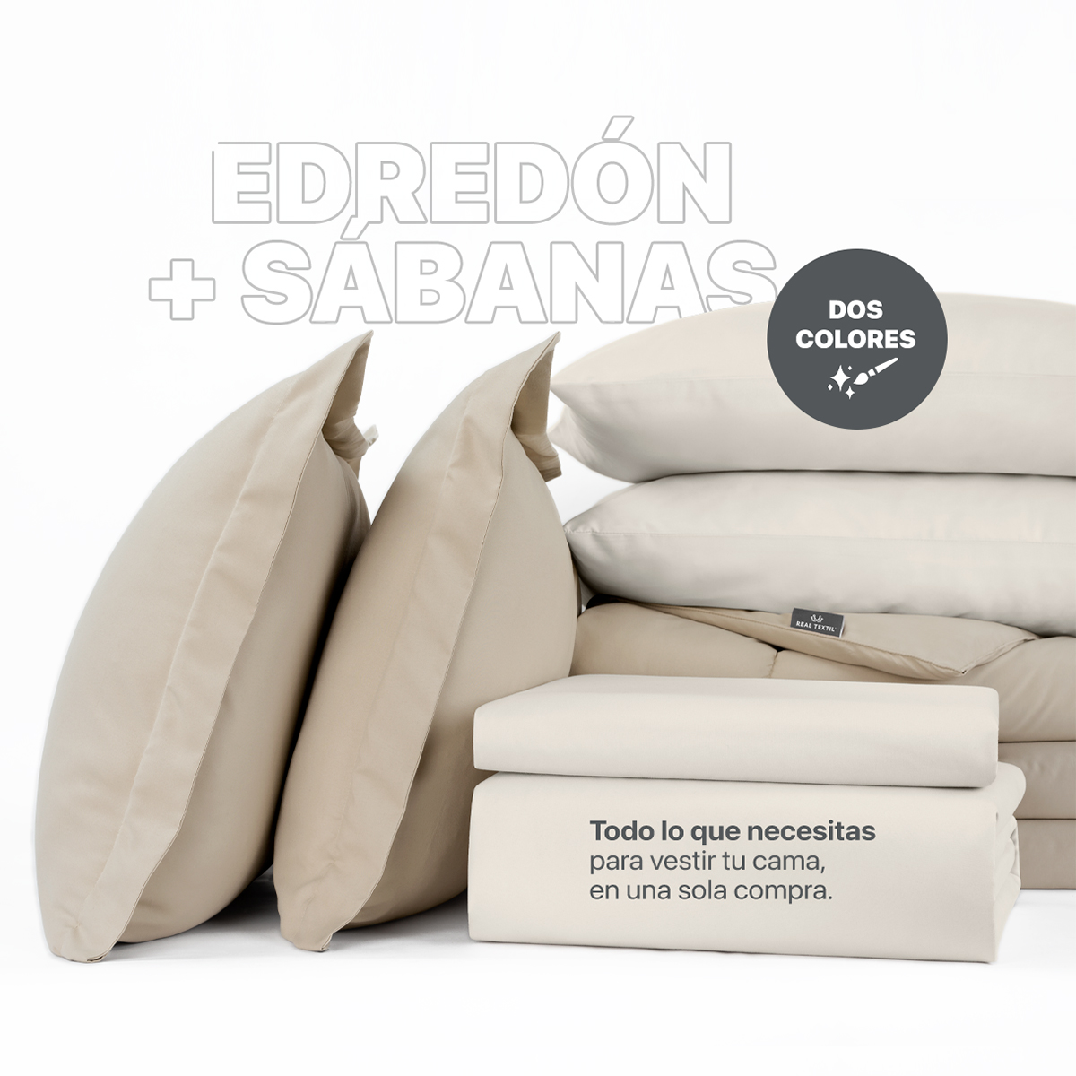 Set Edredón Matrimonial Xl con Fundas y Sábanas 7 Pzas Khaki / Beige Real Textil.