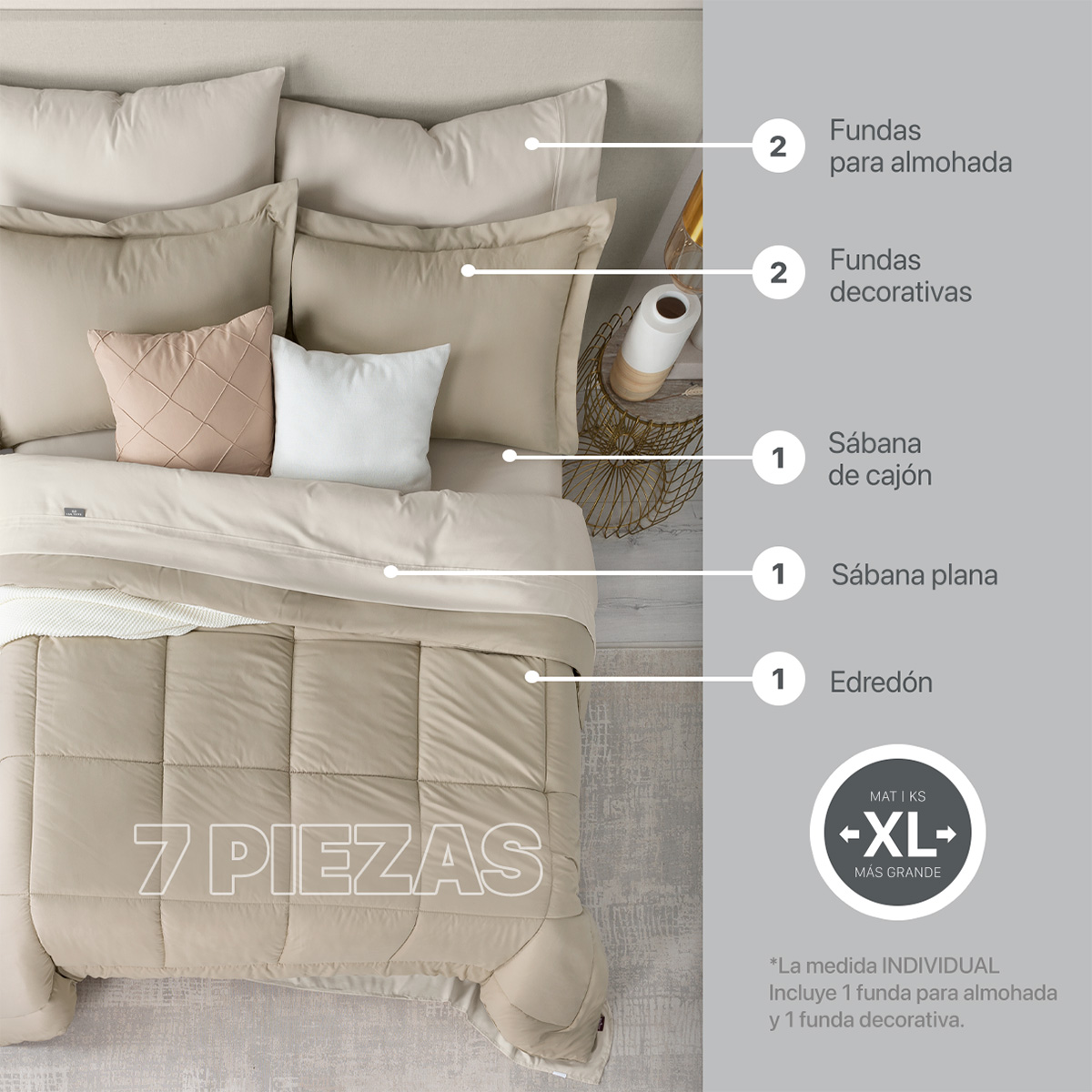Set Edredón Matrimonial Xl con Fundas y Sábanas 7 Pzas Khaki / Beige Real Textil.