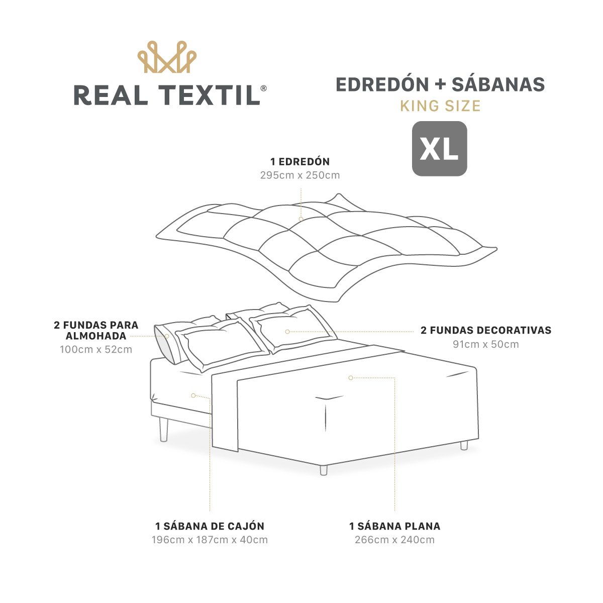 Set Edredón King Size Xl con Fundas y Sábanas 7 Pzas Negro / Gris Real Textil.