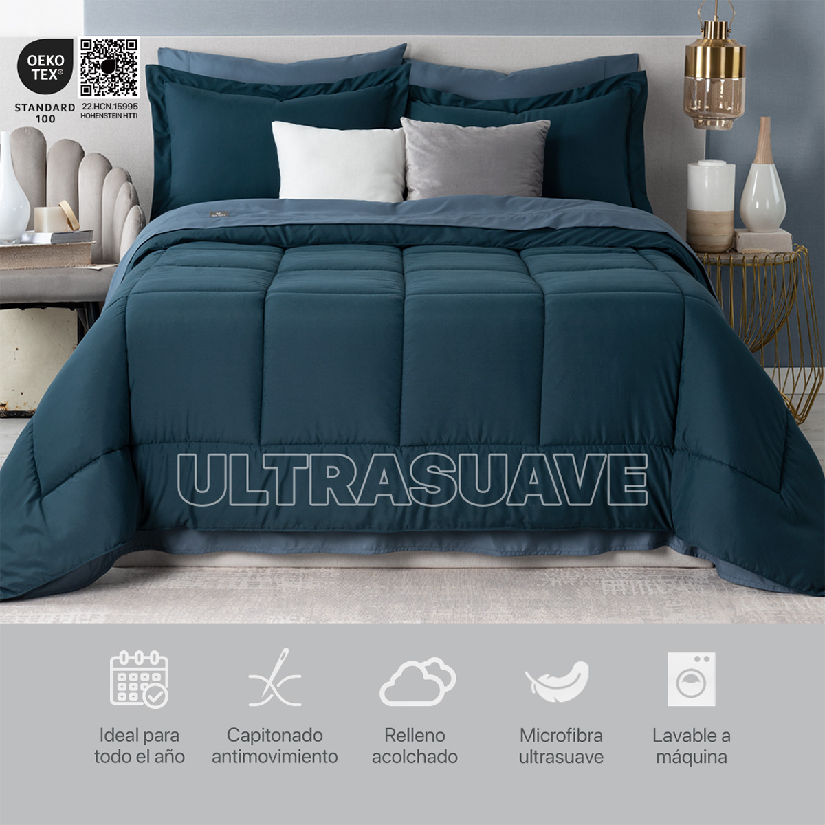 Set Edredón Matrimonial con Fundas y Sábanas 7 Pzas Azul Marino / Azul Índigo Real Textil.