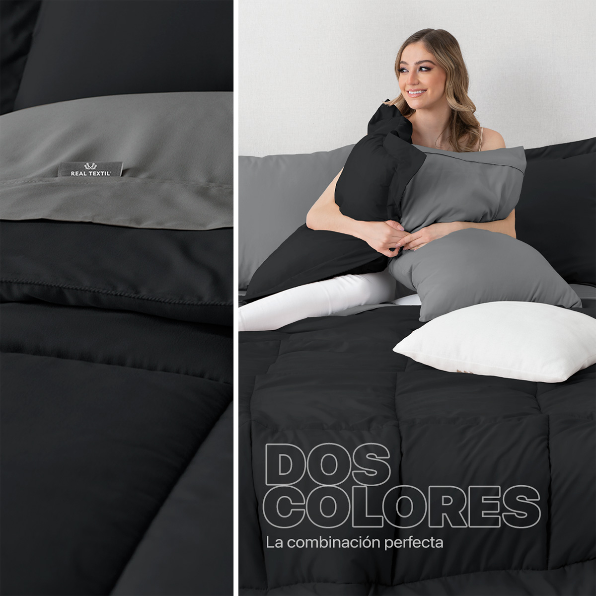 Set Edredón King Size Xl con Fundas y Sábanas 7 Pzas Negro / Gris Real Textil.