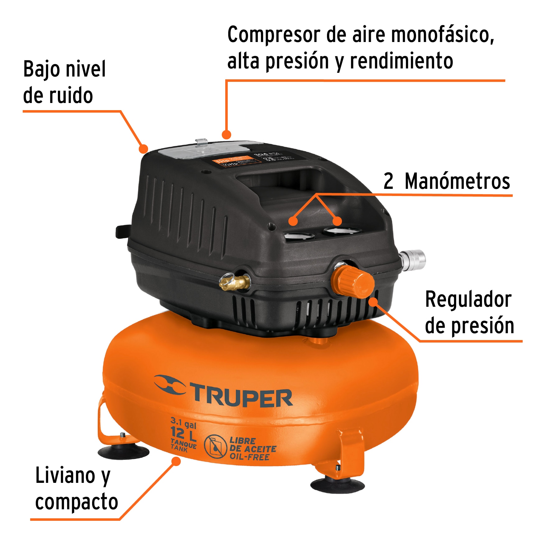Compresor libre de aceite, 12L, 1HP, 127V, TRUPER