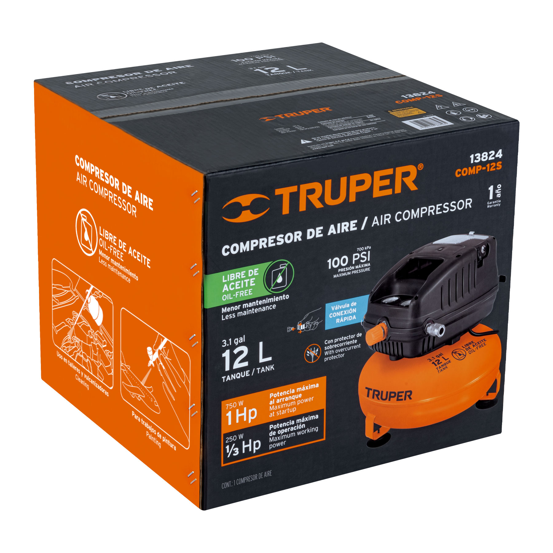 Compresor libre de aceite, 12L, 1HP, 127V, TRUPER