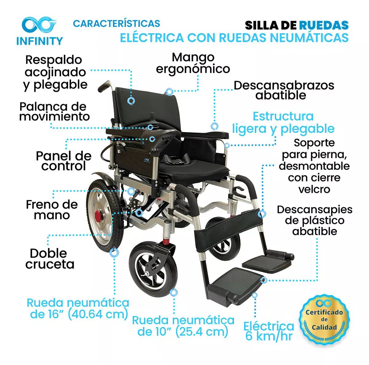 Silla De Ruedas Eléctrica Todo Terreno Neumática Infinity, Plegable, Color Negro, Ambidiestra