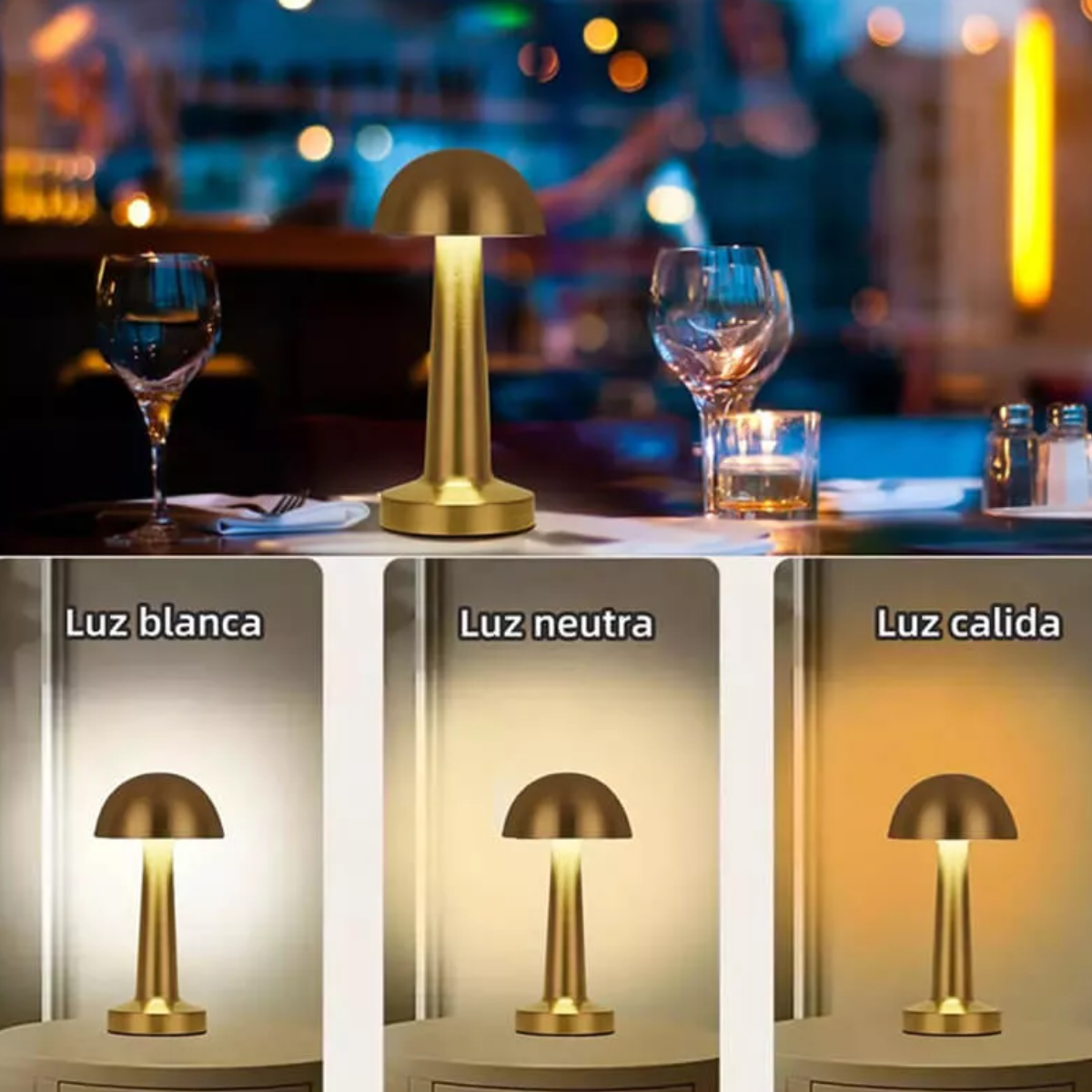 Lámpara Mesa Decoración Moderno Recargable Luz Led Dorado Setas