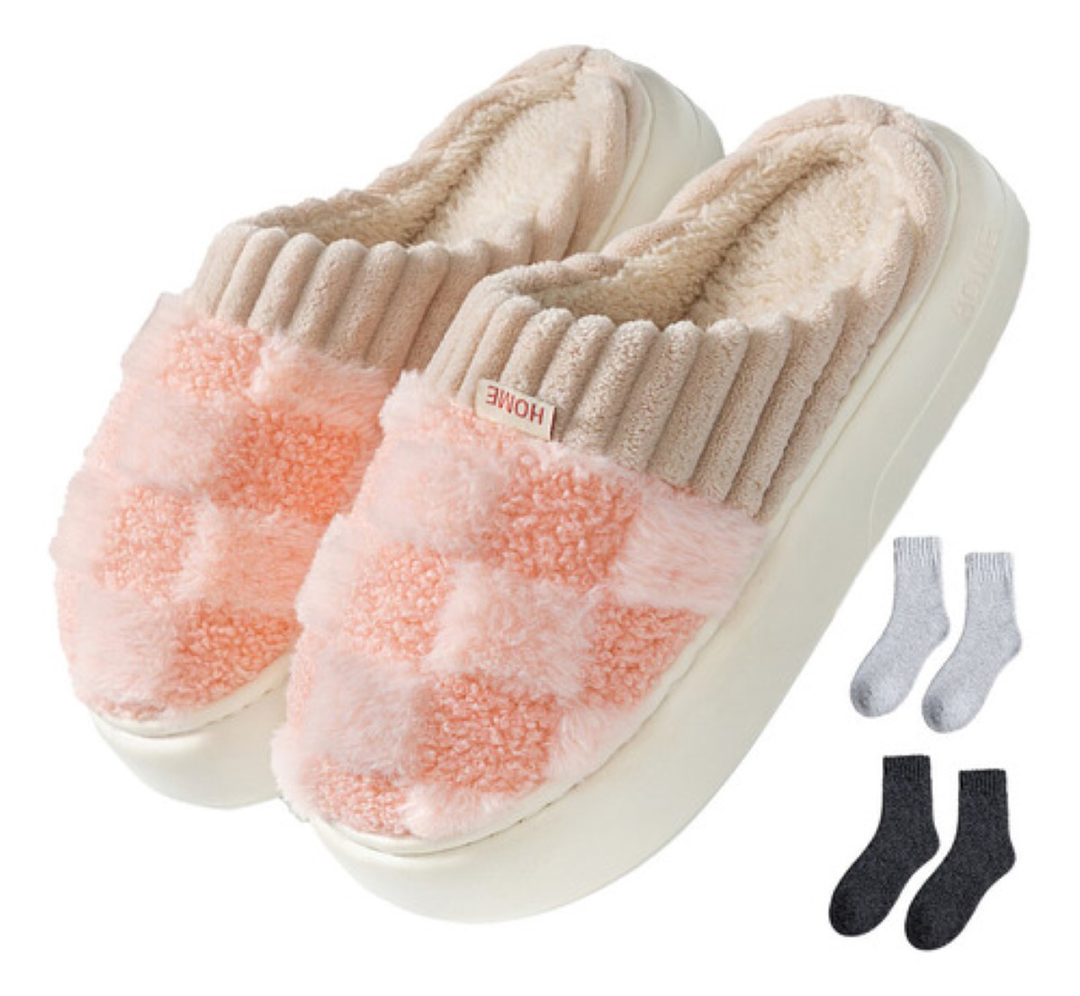 Pantuflas Para Mujer Suaves Cómodas Felpa + dos Pares Calcetín, rosa/cafe  #24