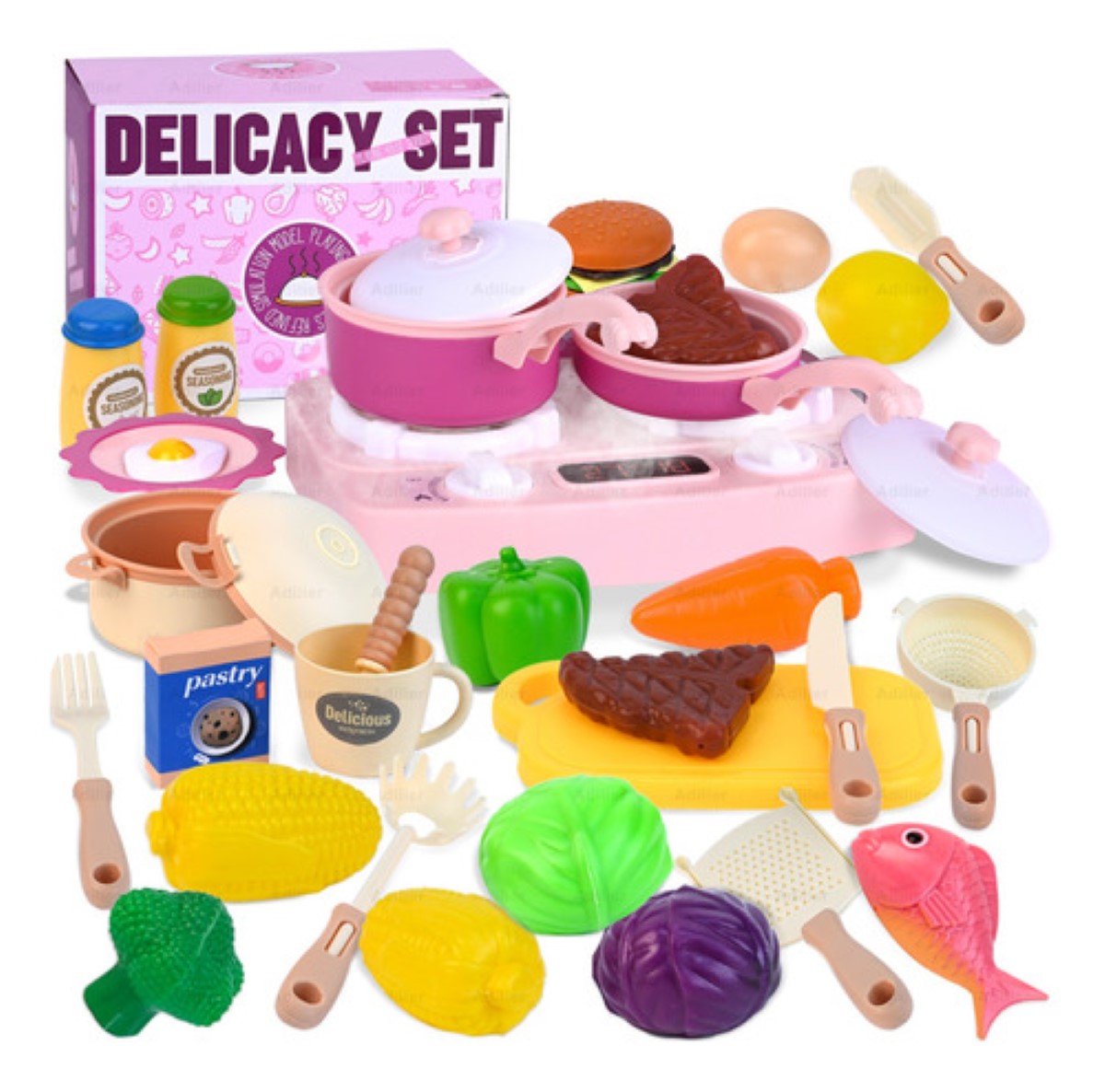 Juguete de Cocina para Niños Luz Sonido Agua Vapor Spray 29 pcs Violeta