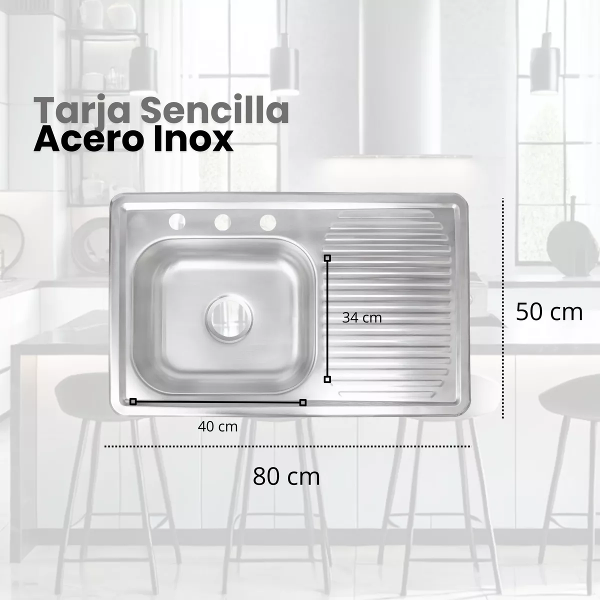 Tarja Sencilla De Escurridero Derecho 80 CM X 50 CM Con Kit De Instalación, Acero Inoxidable