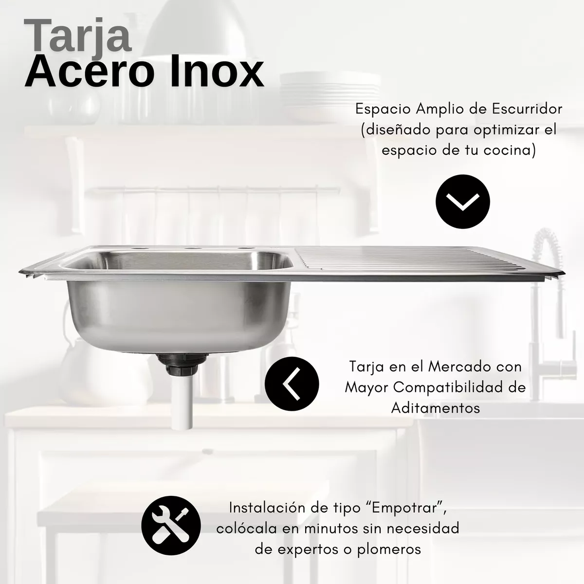 Kit Completo De Tarja Sencilla con Escurridero 80x50cm Con Mezcladora Flexible