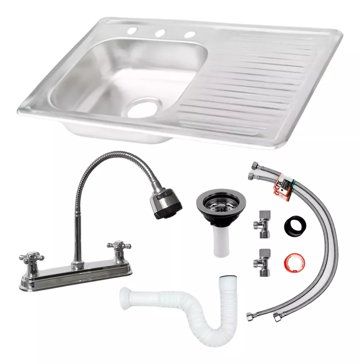Kit Completo De Tarja Sencilla con Escurridero 80x50cm Con Mezcladora Flexible