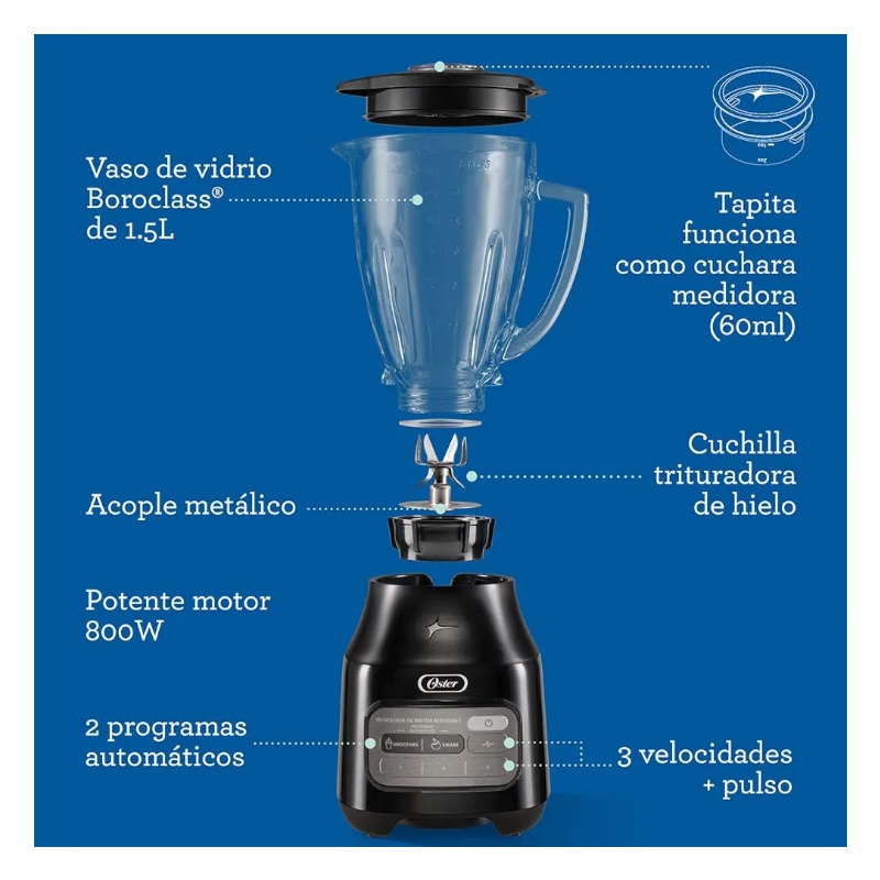 Licuadora Oster Reversible Vidrio 3 Vel 2 Programas 2174278