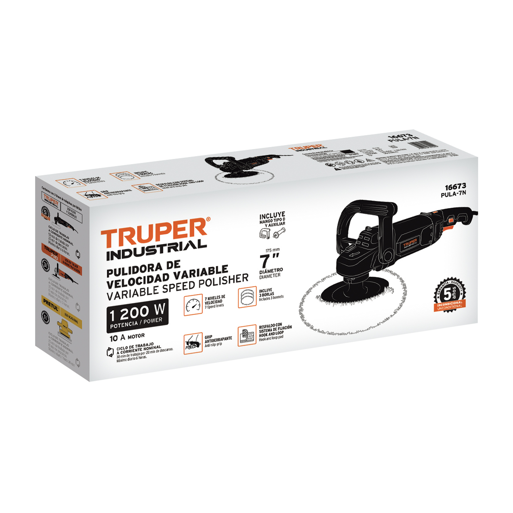 Pulidora velocidad variable 7 pul, 1200W, TRUPER INDUSTRIAL
