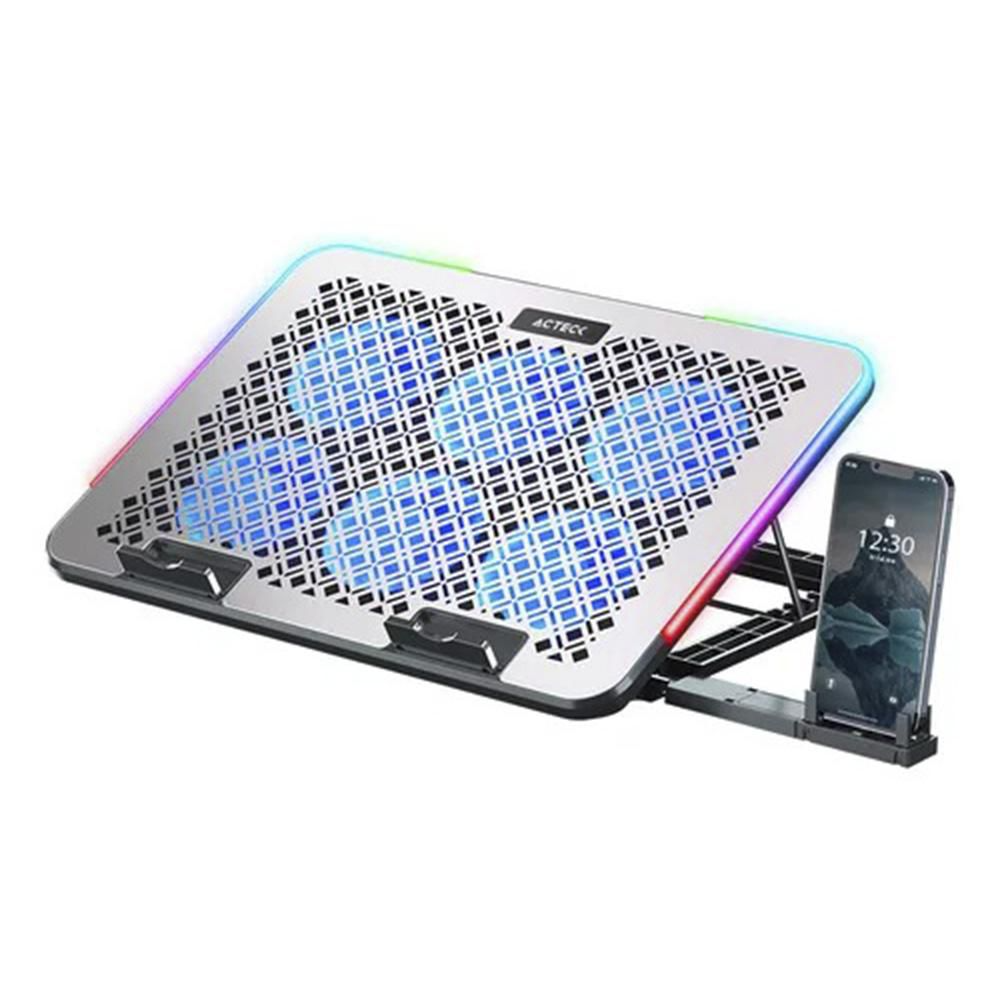 BASE ENFRIADORA ACTECK FROOST RAW BE630 ALUMINIO + ABS 6X VENTILADORES 60 MM SOPORTE PARA CELULAR 2X PUERTOS USB RGB AC-940771