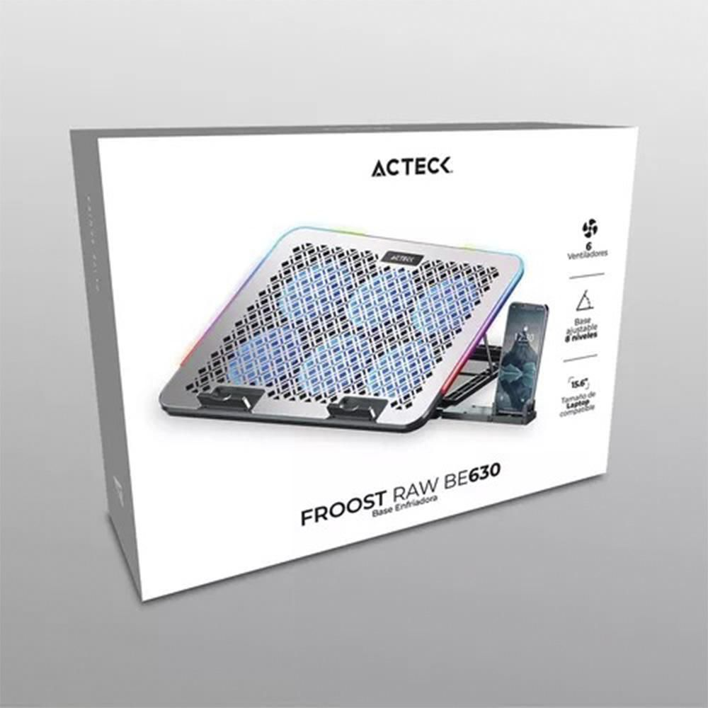 BASE ENFRIADORA ACTECK FROOST RAW BE630 ALUMINIO + ABS 6X VENTILADORES 60 MM SOPORTE PARA CELULAR 2X PUERTOS USB RGB AC-940771