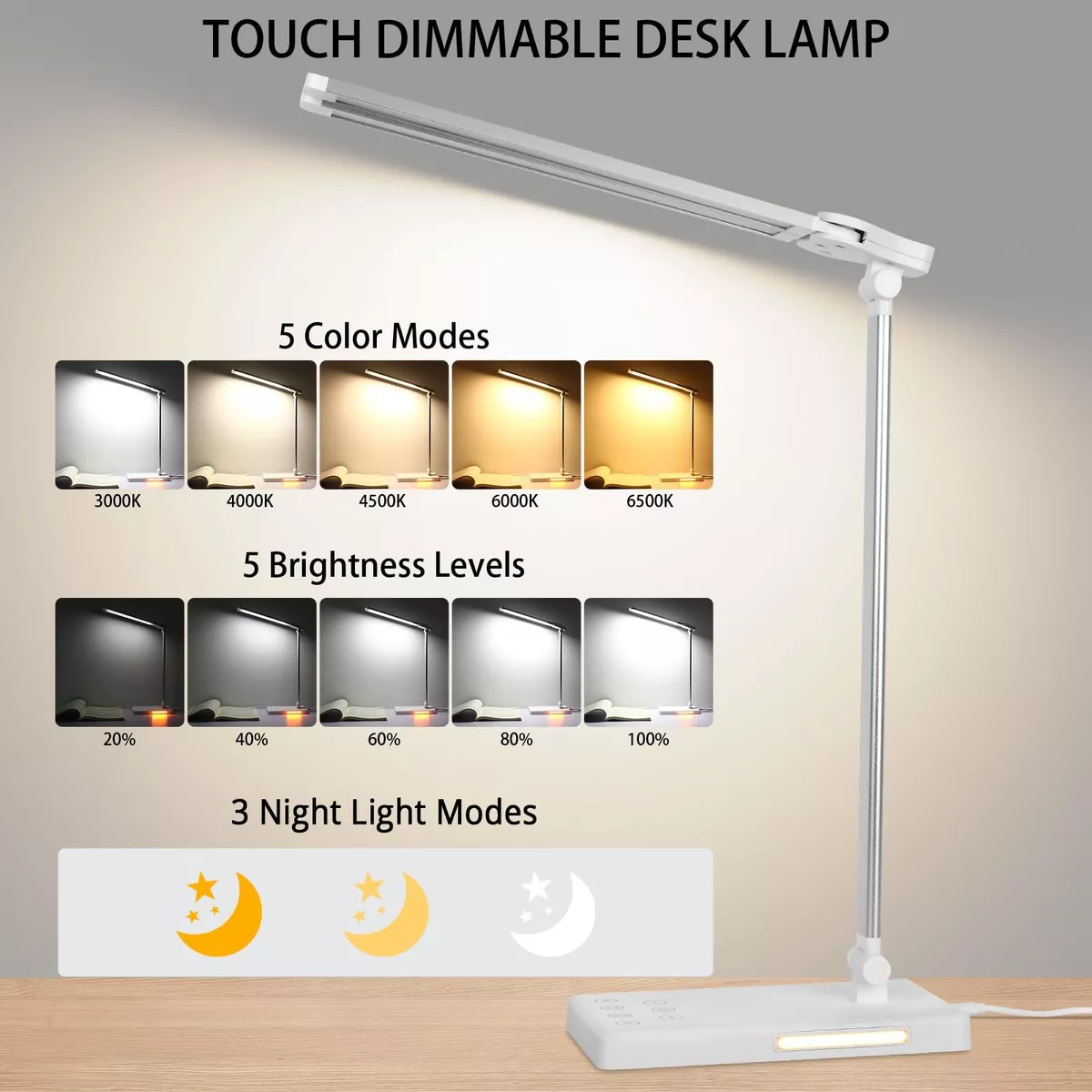 Lampara De Escritorio Mesa Led Luz Noche Vistoso Doble Brazo Blanco