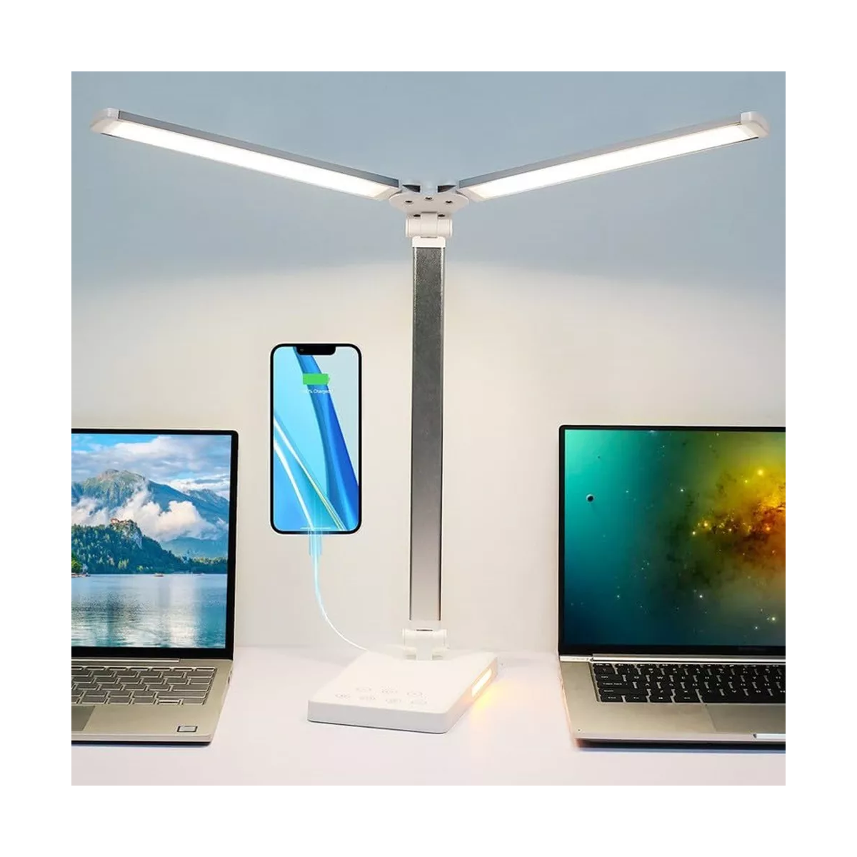 Lampara De Escritorio Mesa Led Luz Noche Vistoso Doble Brazo Blanco