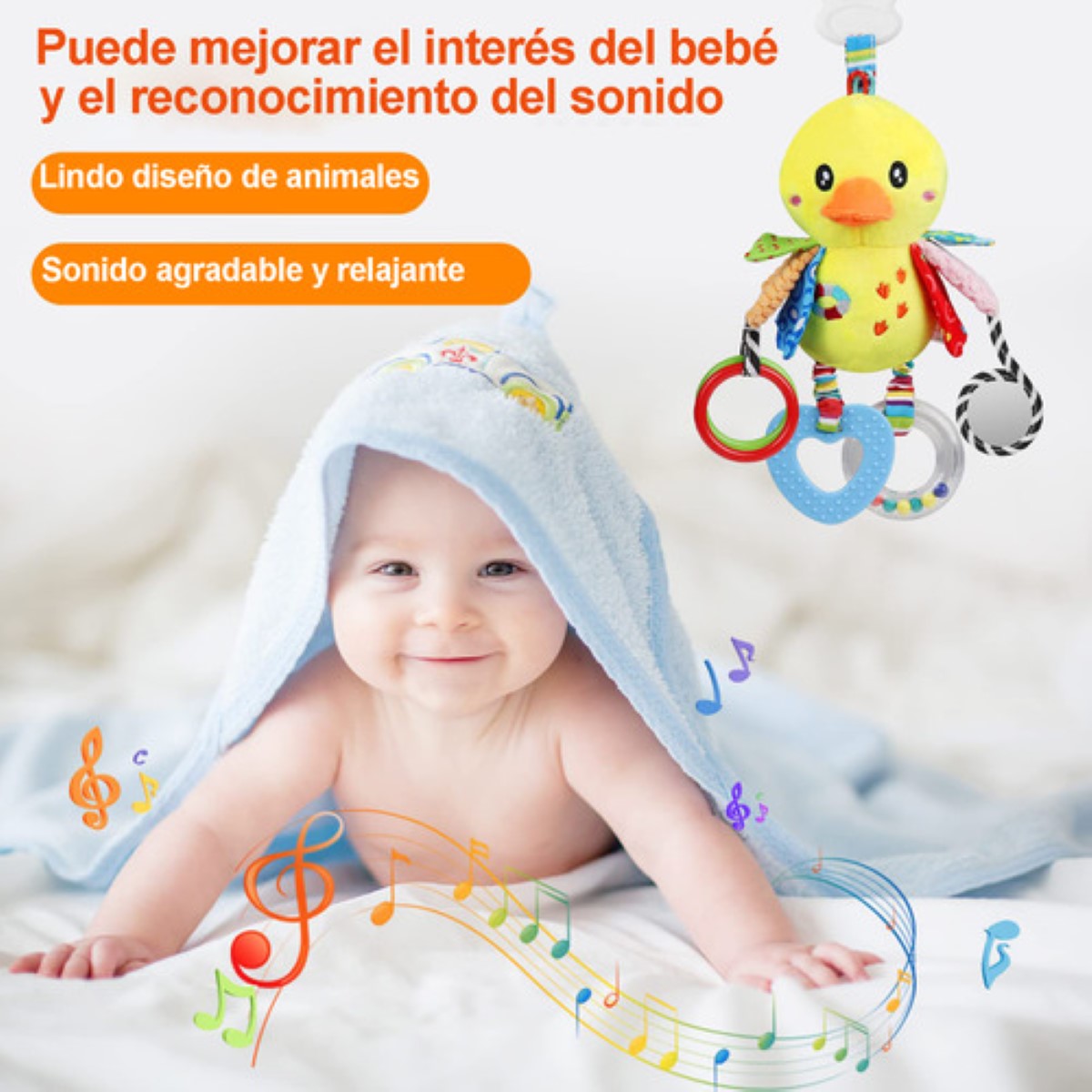 Juguete Peluche Sonaja Mordedera Texturas Estimulación Bebé amarillo