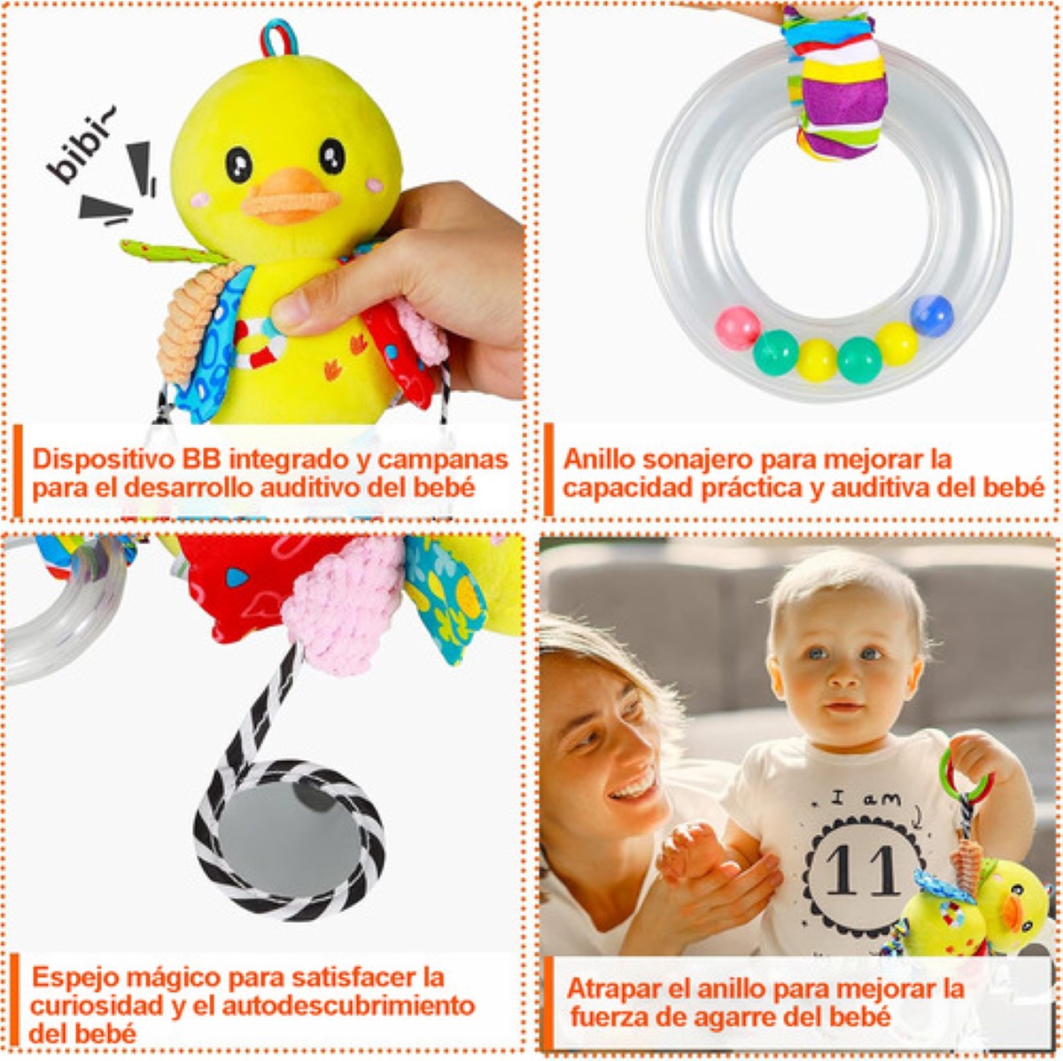 Juguete Peluche Sonaja Mordedera Texturas Estimulación Bebé amarillo
