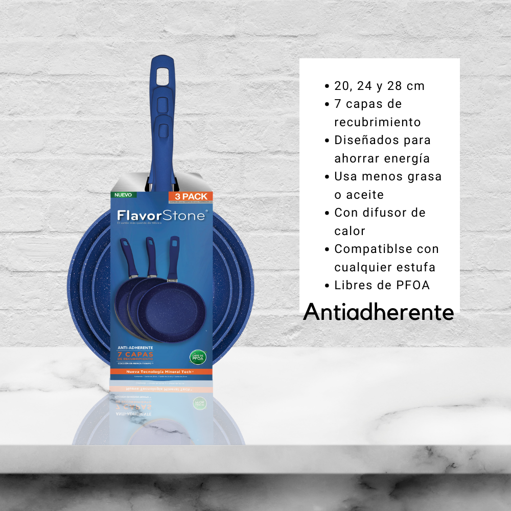 Juego De Sartenes Antiadherentes Flavorstone 20, 24 Y 28 Cm color azul