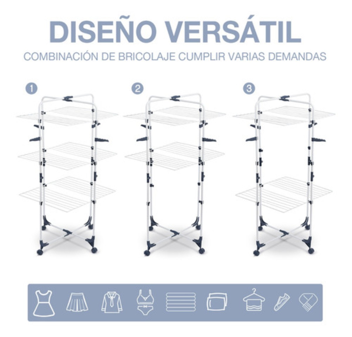 Tendedero Plegable Ropa 3 Niveles Portátil Metal Con Ruedas blanco