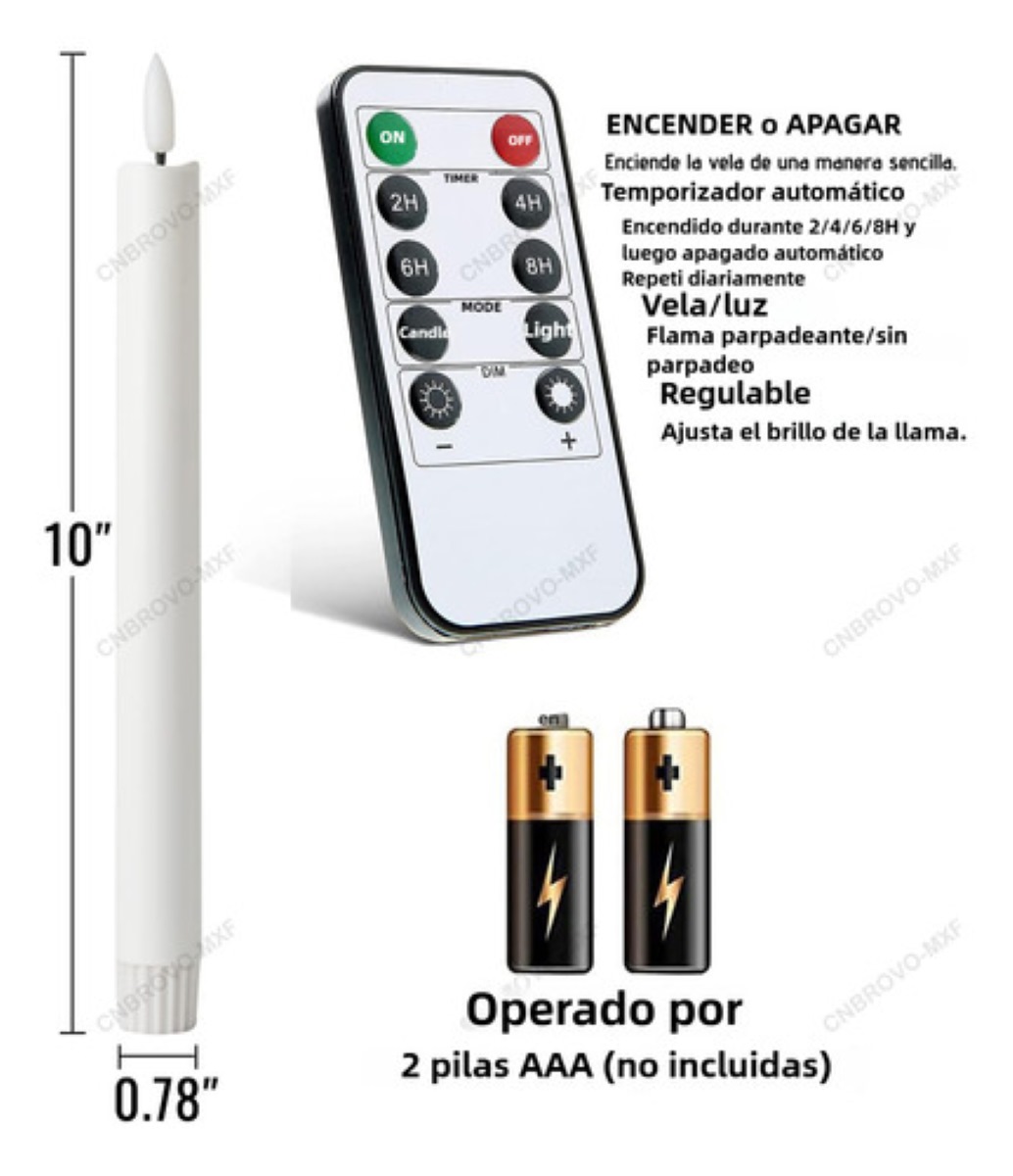 8 Pzs Vela Led Grande Con Llama Realistacon 2*control Remoto Blanco