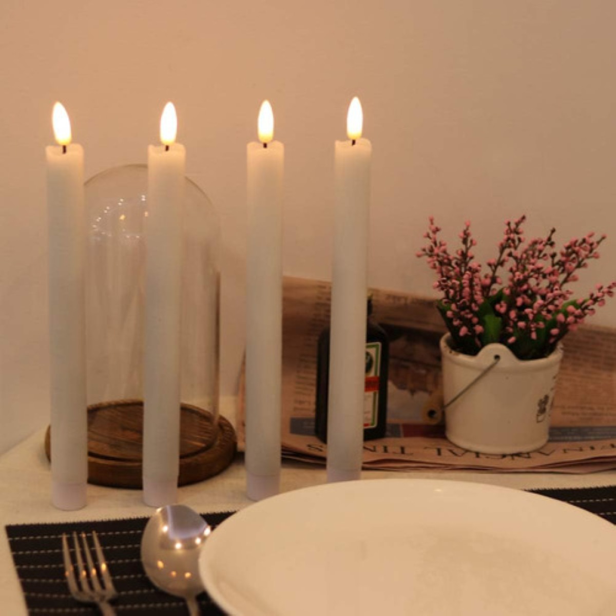 8 Pzs Vela Led Grande Con Llama Realistacon 2*control Remoto Blanco