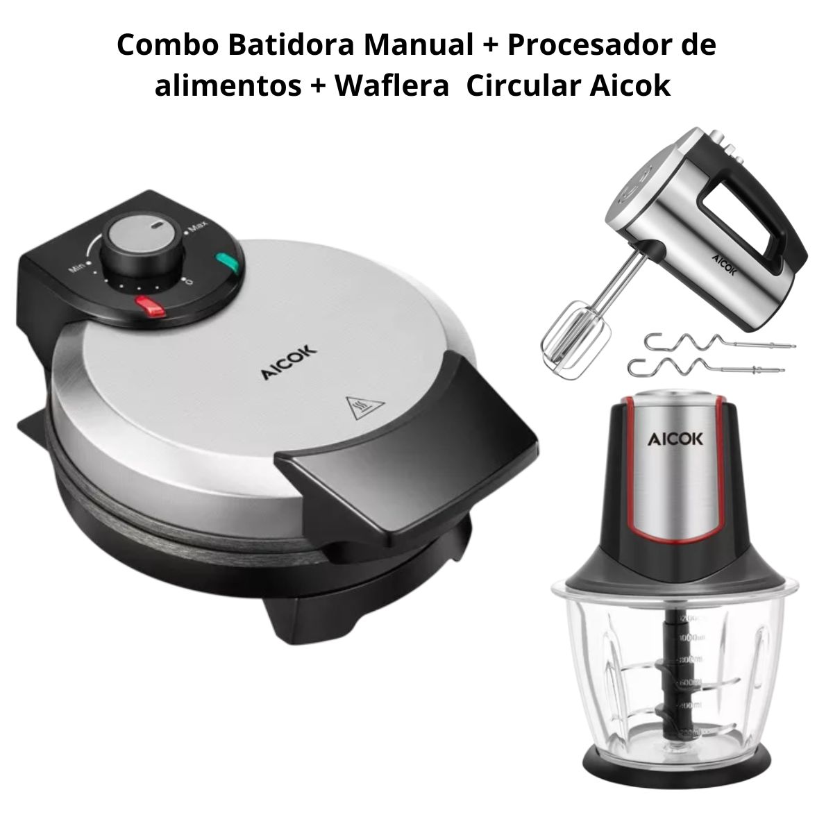 Kit Batidora Manual,Procesador de Alimentos y Waflera Circular de Acero Inoxidable Aicok