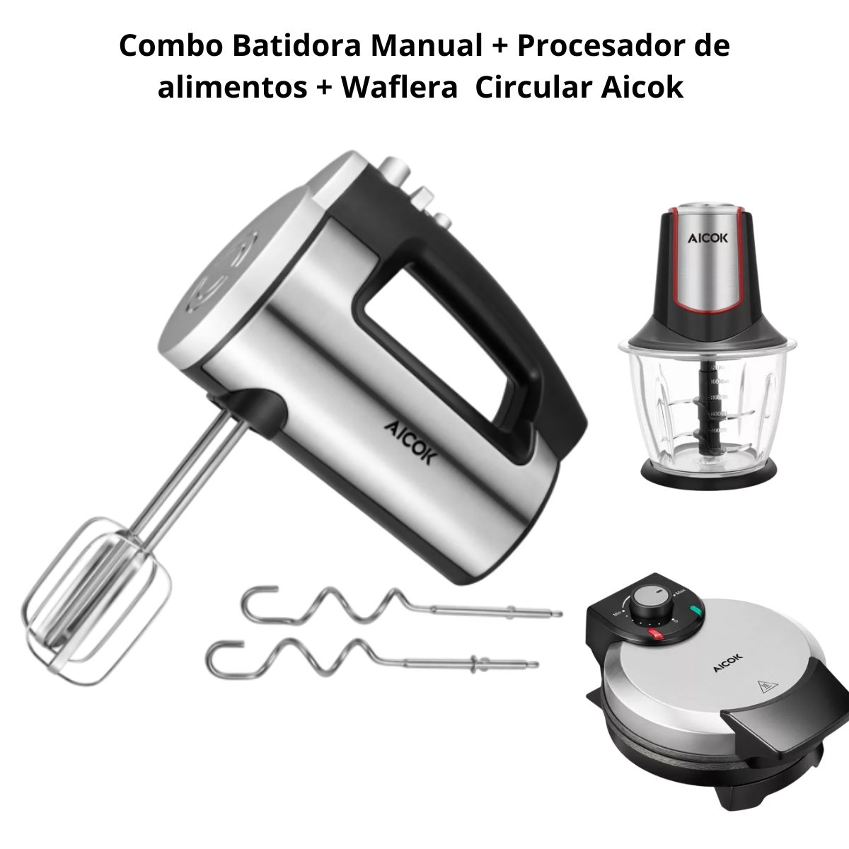 Kit Batidora Manual,Procesador de Alimentos y Waflera Circular de Acero Inoxidable Aicok