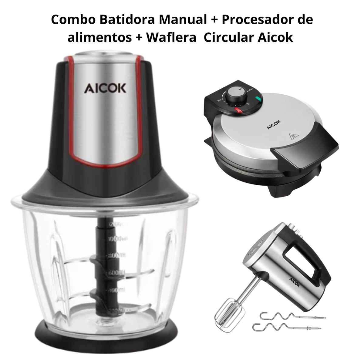 Kit Batidora Manual,Procesador de Alimentos y Waflera Circular de Acero Inoxidable Aicok