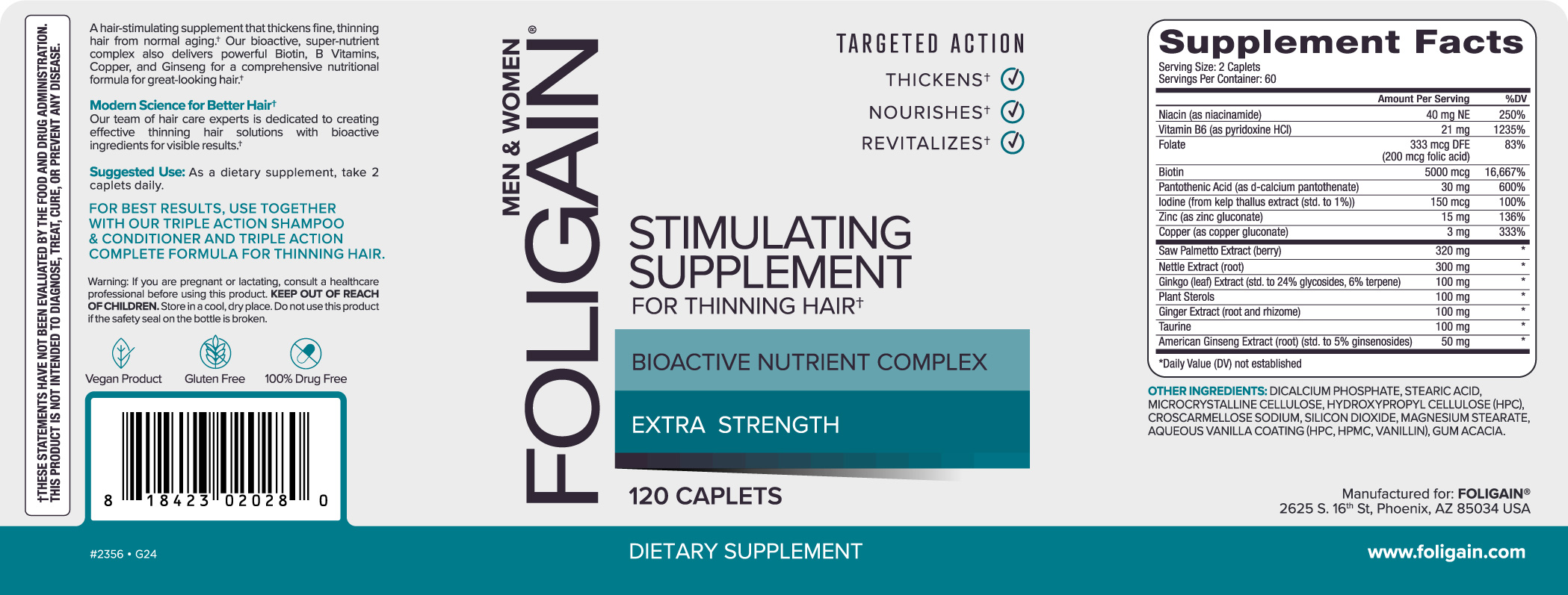 Foligain Suplemento Estimulante para la Pérdida del Cabello 120 Cápsulas.