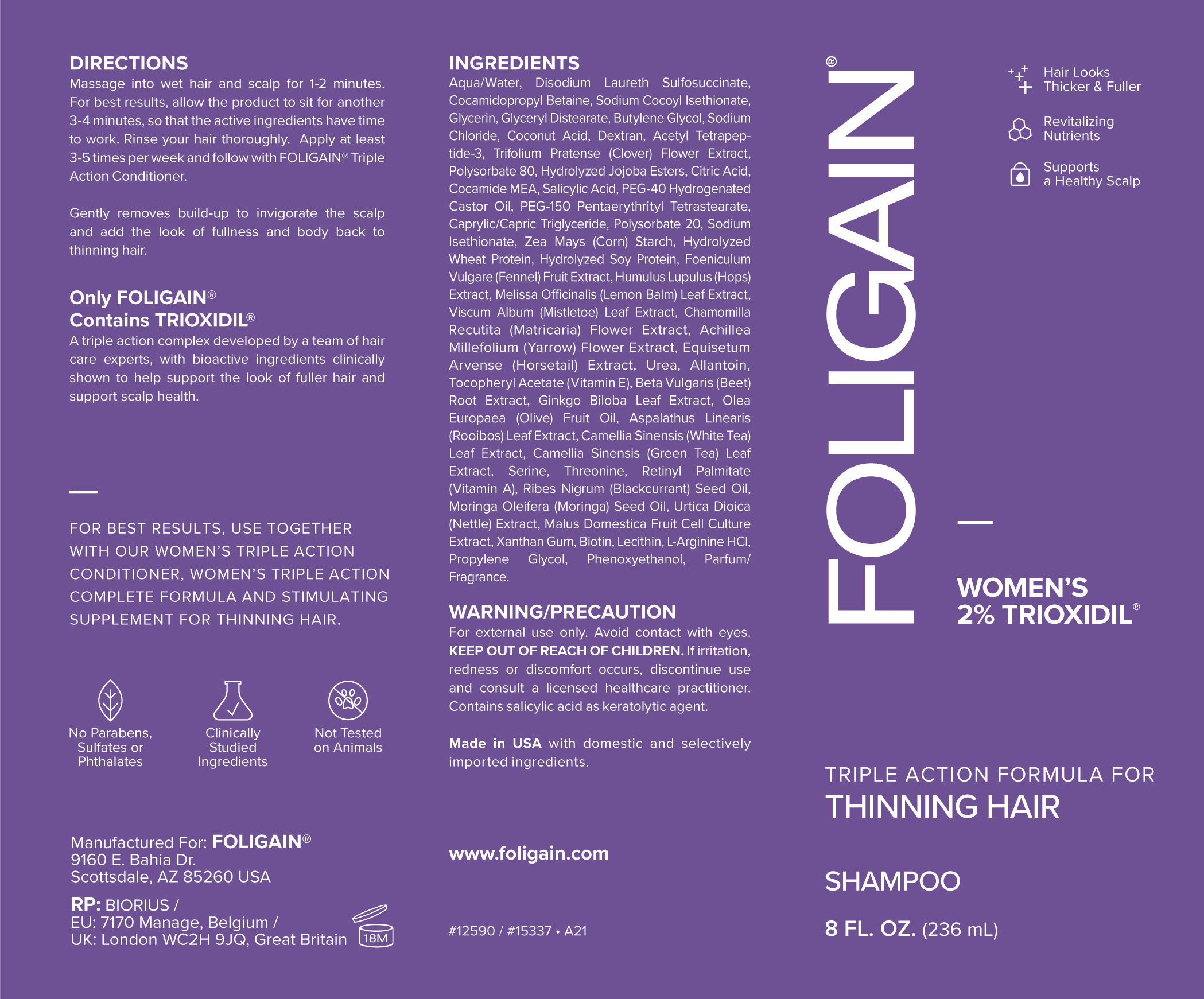 Foligain Shampoo para el Recrecimiento del Cabello para Mujeres con 2% Trioxidil