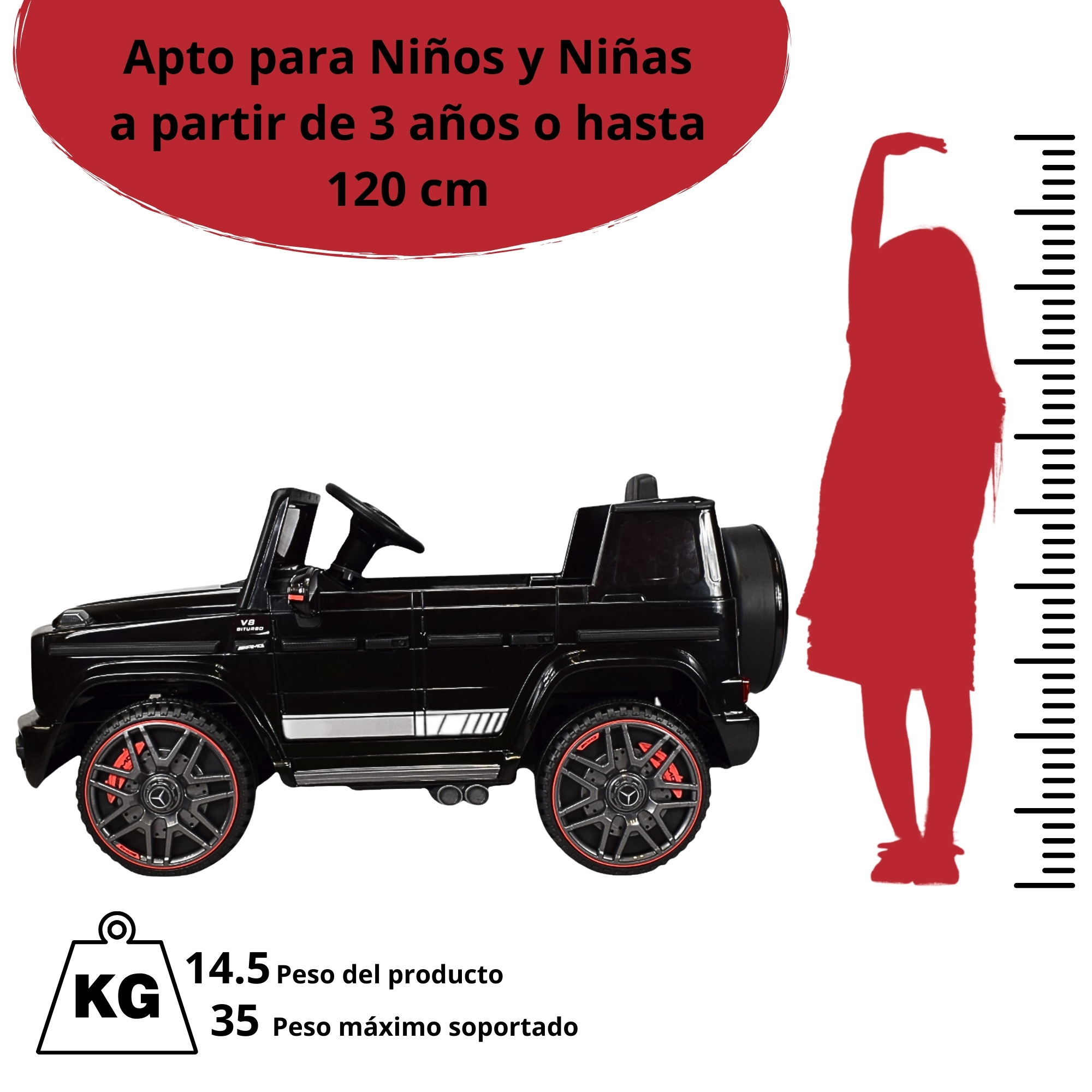 Montable Electrico AMG Camioneta Mercedes-Benz G63 Control Remoto 12v Luz y Sonido Conexión USB, Micro SD, MP3 Soporta Hasta 35 kg - Negro