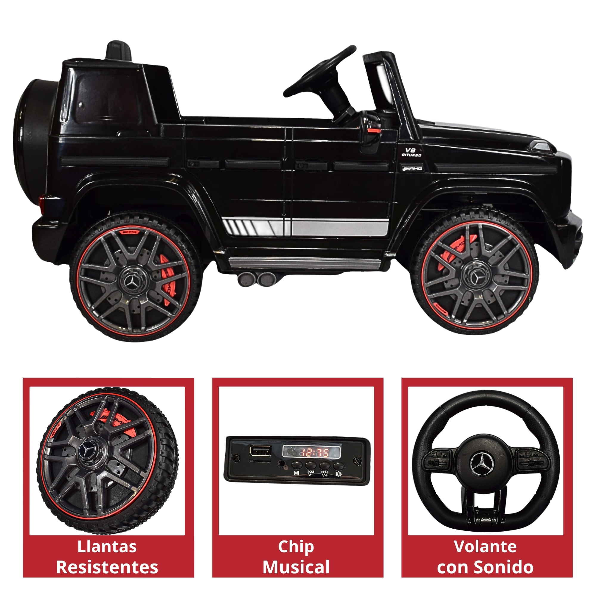 Montable Electrico AMG Camioneta Mercedes-Benz G63 Control Remoto 12v Luz y Sonido Conexión USB, Micro SD, MP3 Soporta Hasta 35 kg - Negro