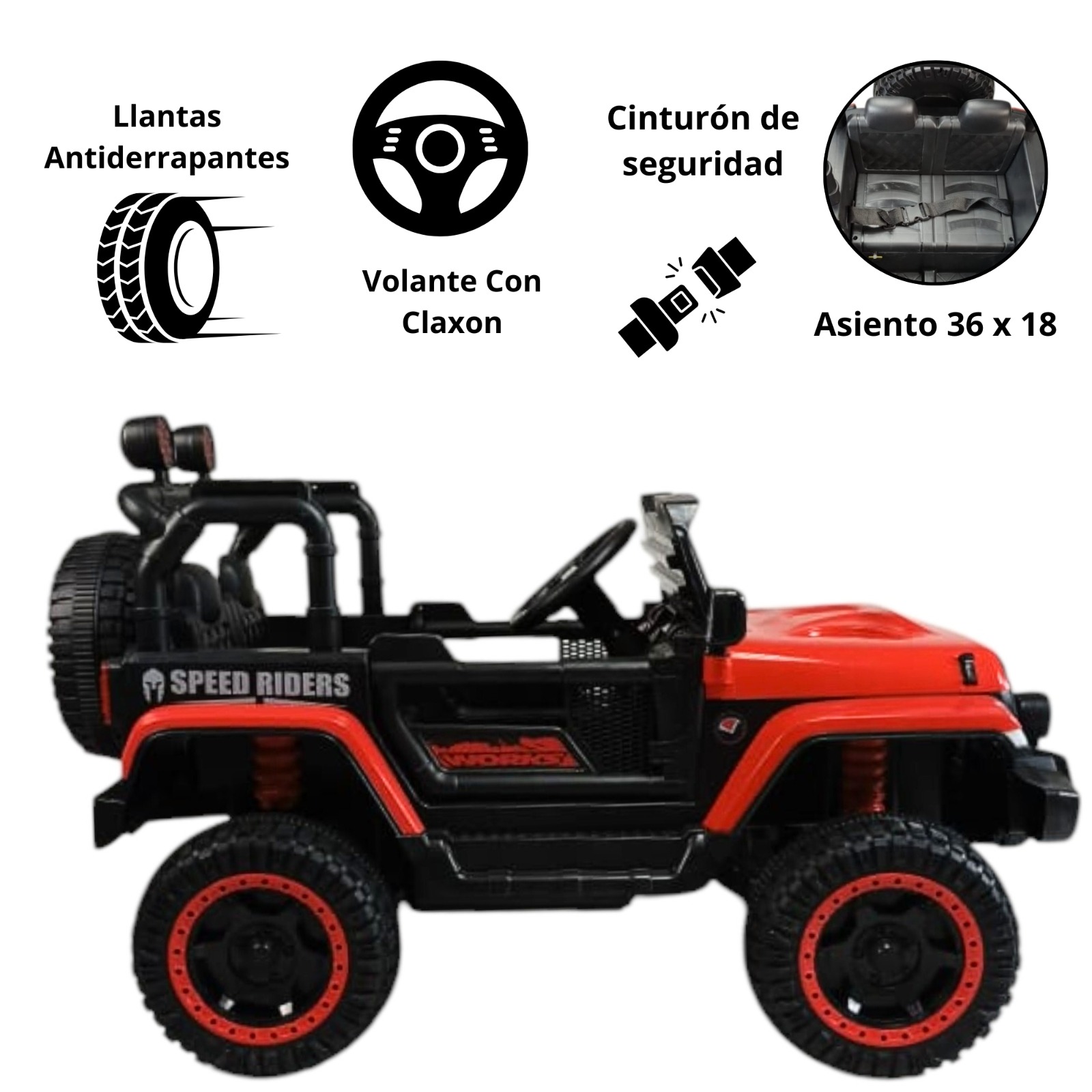 Camioneta Montable de 112 cm Tipo Jeep Para Niños  a Control Remoto Con Bluetooth, Auxiliar y USB-Rojo